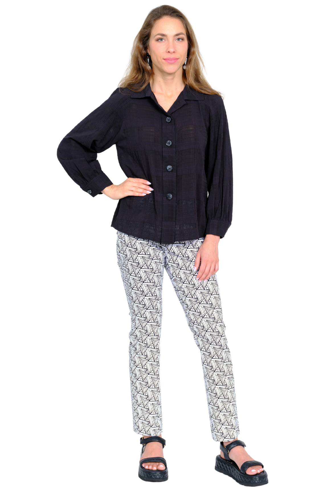LIOR Women's Black Long Sleeve Textured Button Front Blouse - "Columbia"