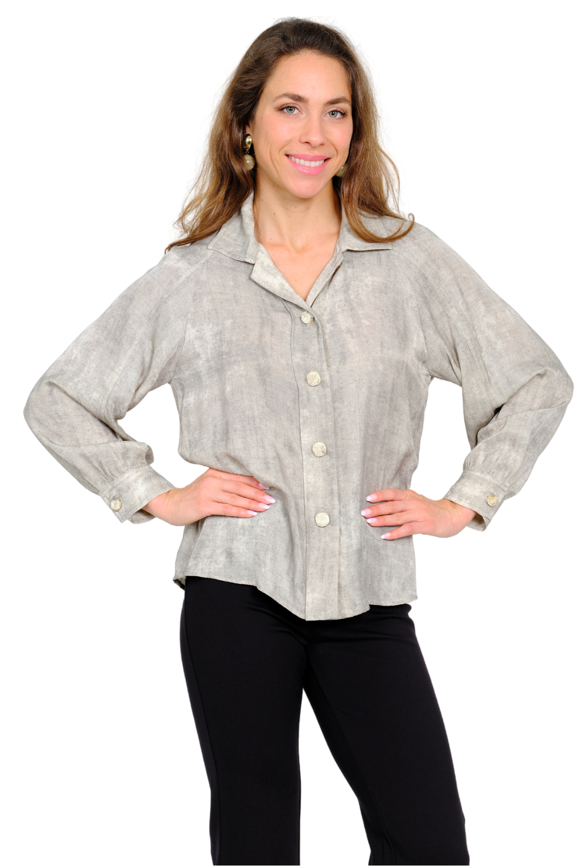 LIOR Women's Beige Textured Button Front Blouse Neutral Long Sleeve - "Columbia"