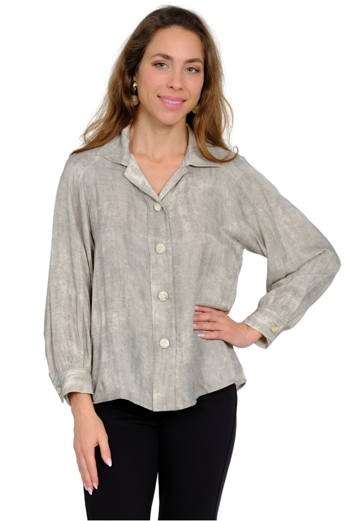 LIOR Women's Beige Textured Button Front Blouse Neutral Long Sleeve - "Columbia"