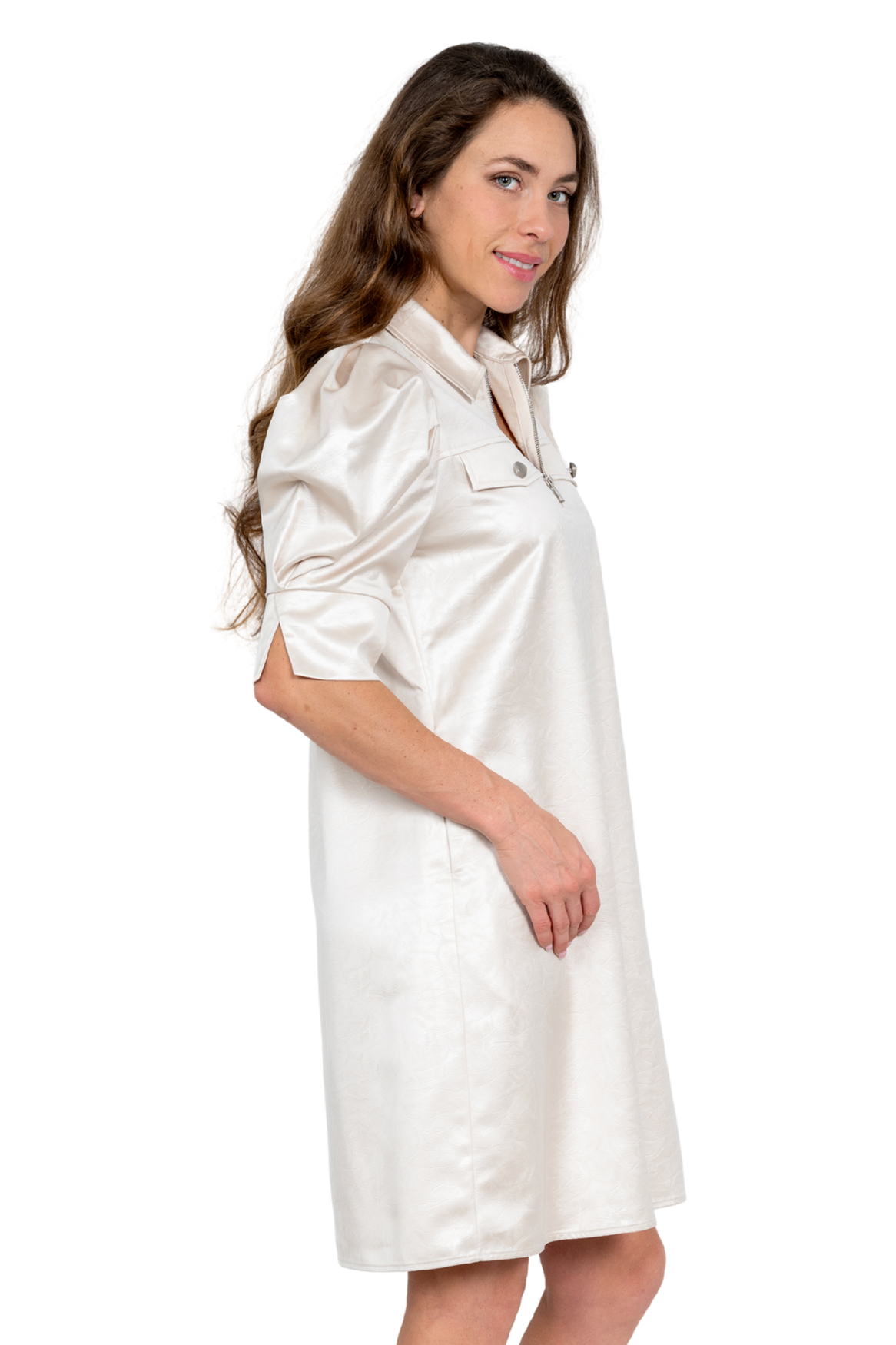 LIOR Women's Ivory Puff Sleeve Satin Dress Zipper Front - "Crema"