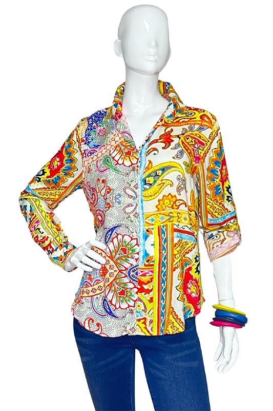 Lior Women's Shirt Bright Color Paisel Floral Long Sleeve