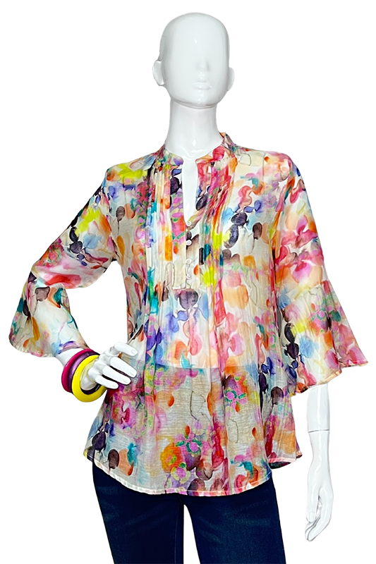 Lior Top Multi Watercolor Button Up 3/4 Sleeves Blouse