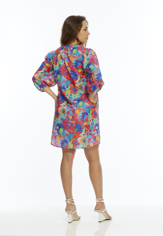 Fuchsia Multi Color Eyelet Puff Sleeve Dress Debbie | LIOR