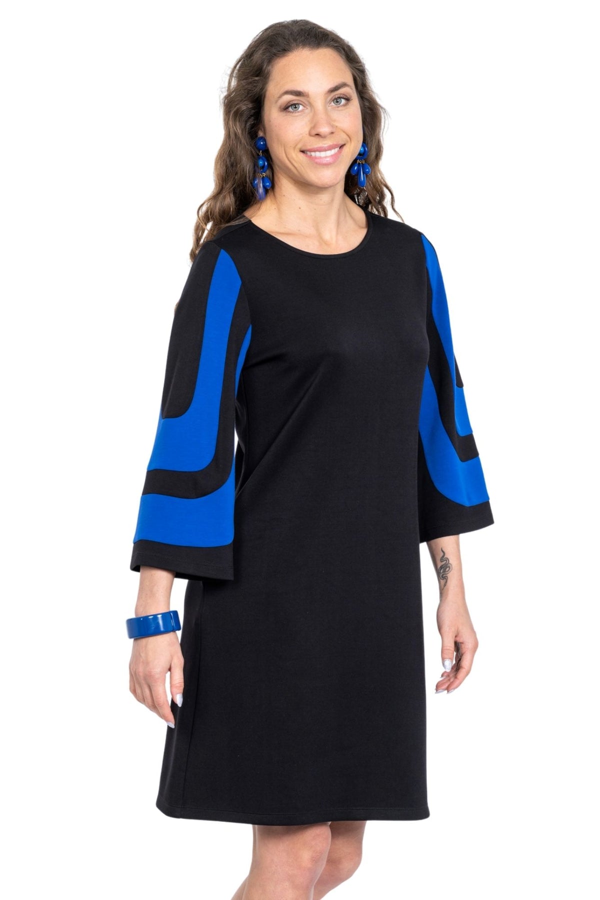 Women's Soft Knit Black & Cobalt Mixed-Media Tulip Knee Length Sleeve Dress - "Denmark"