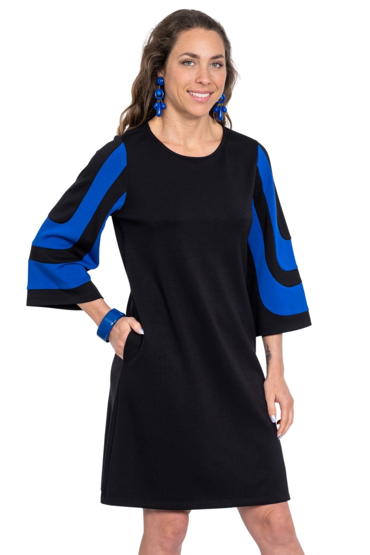 Women's Soft Knit Black & Cobalt Mixed-Media Tulip Knee Length Sleeve Dress - "Denmark"