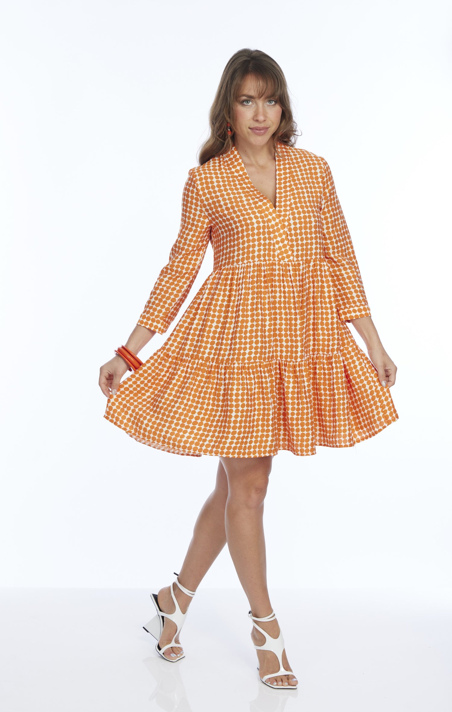 flowy orange polka dot dress