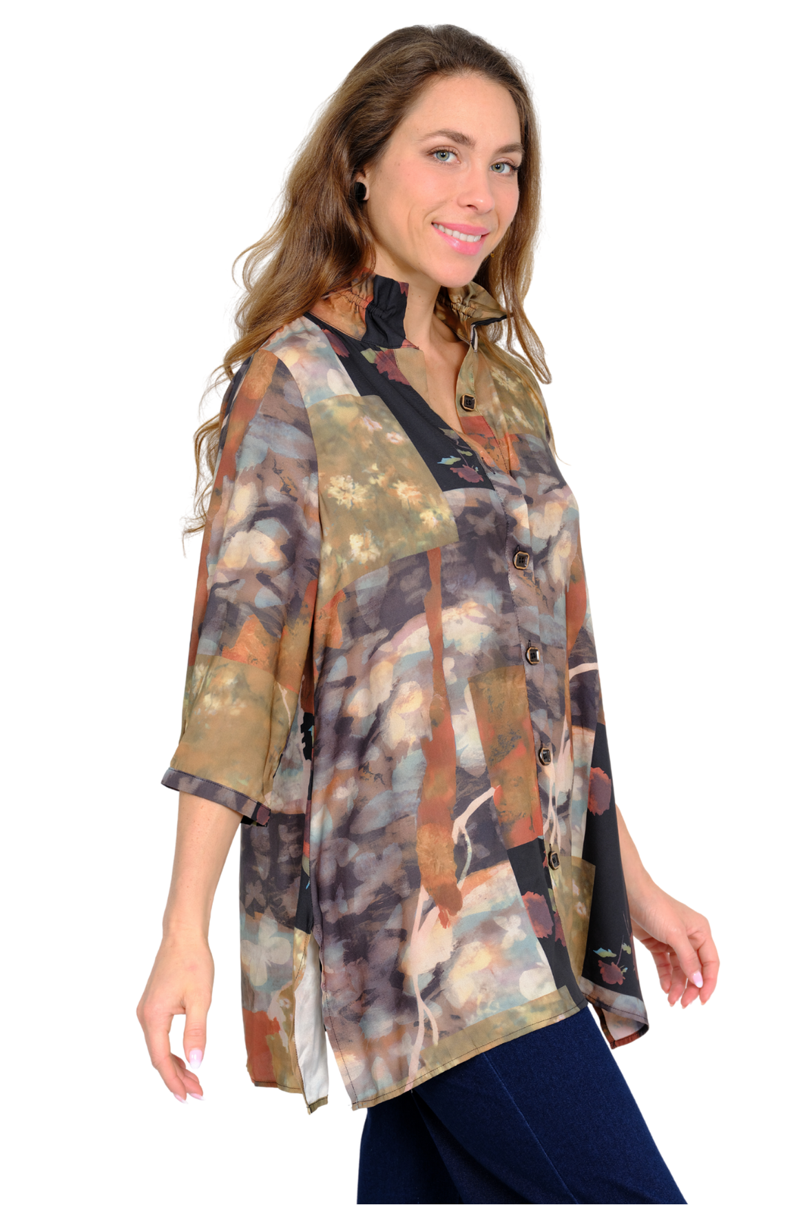 Lior Multicolor Taupe Wire Collar Tunic Blouse "Dora"