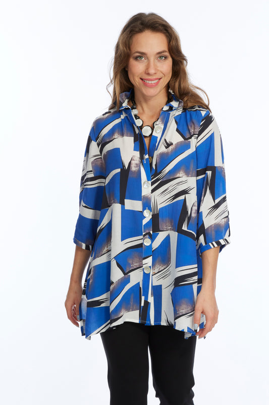 blue and white printed blouse