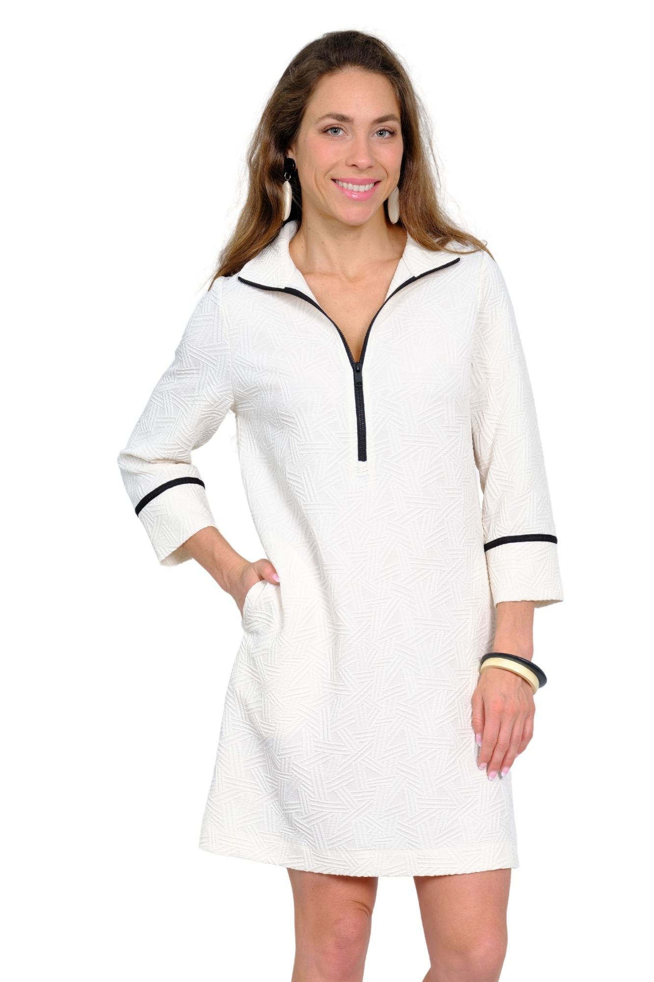 LIOR Textured Knit Ivory Dress Ft Long Sleeves & Zip Up Collar - "Dulce"