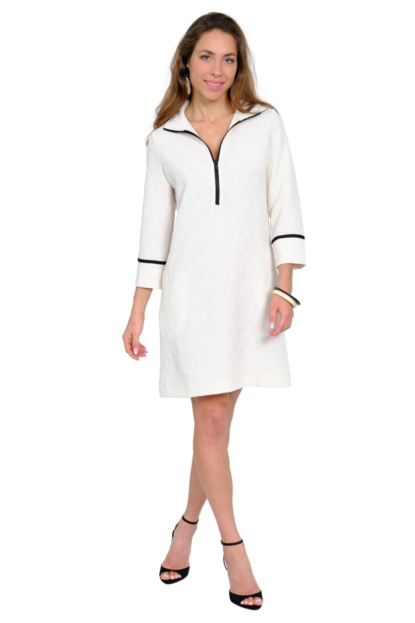 LIOR Textured Knit Ivory Dress Ft Long Sleeves & Zip Up Collar - "Dulce"