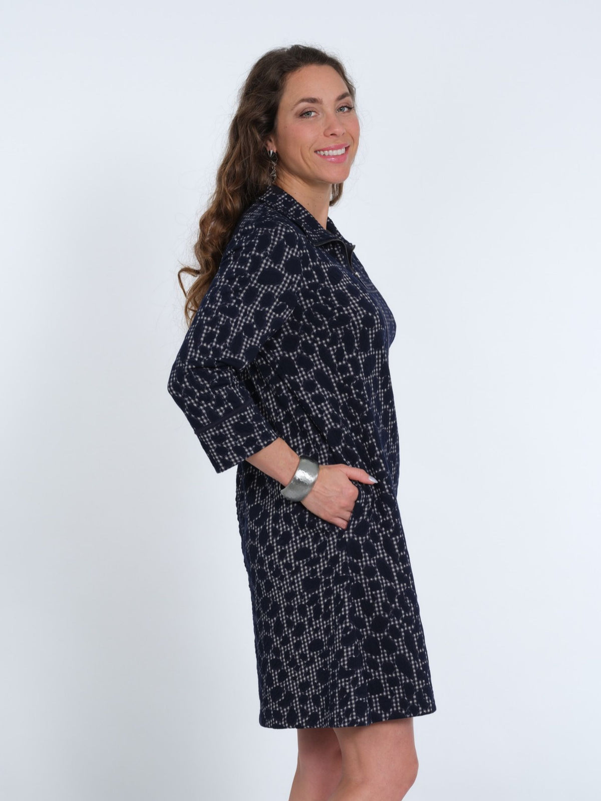 Women's Soft Knit Navy Printed 3/4 Sleeve Collar Zip Up Knee Length Dress - "Dulce"