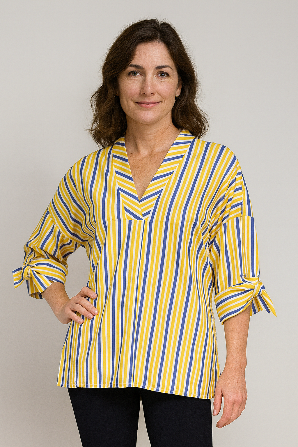 LIOR Women's Striped Yellow & Blue Bow Sleeve Top V-Neck Tunic - "Finley"