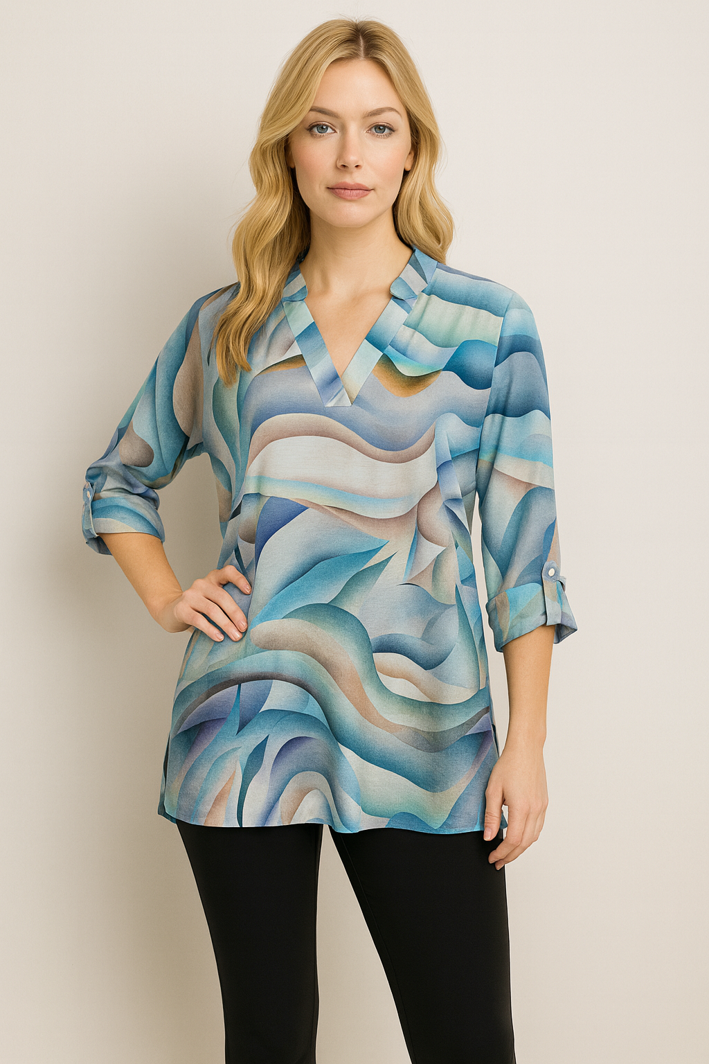 LIOR Women's Swirl Print Pleated V Neck Tunic With 3/4 Roll Tab Sleeves - "Frida"