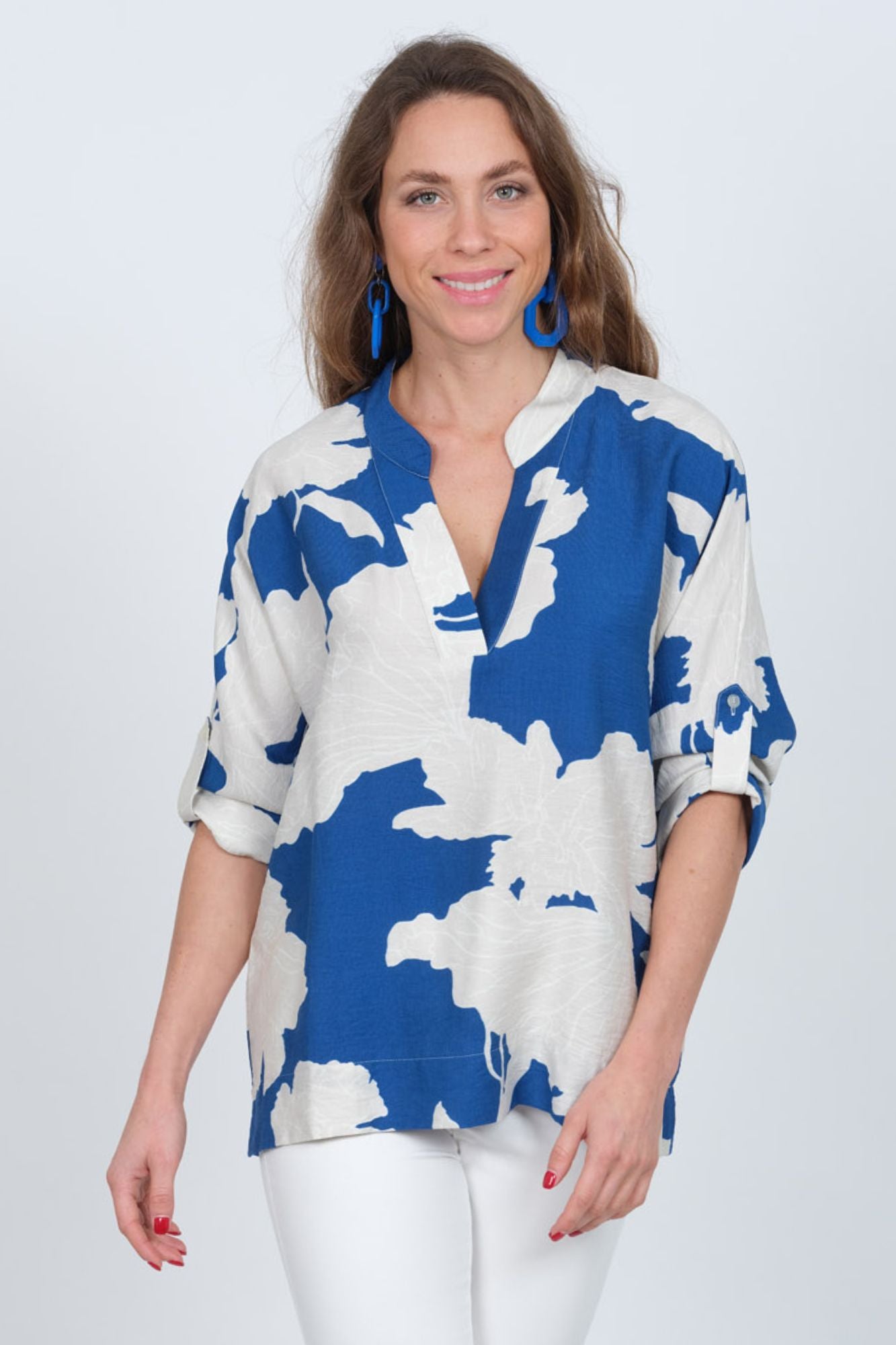 Women's Blue & White Banded Collar V-Neck 3/4 Roll Tab Sleeve Blouse  | Frida