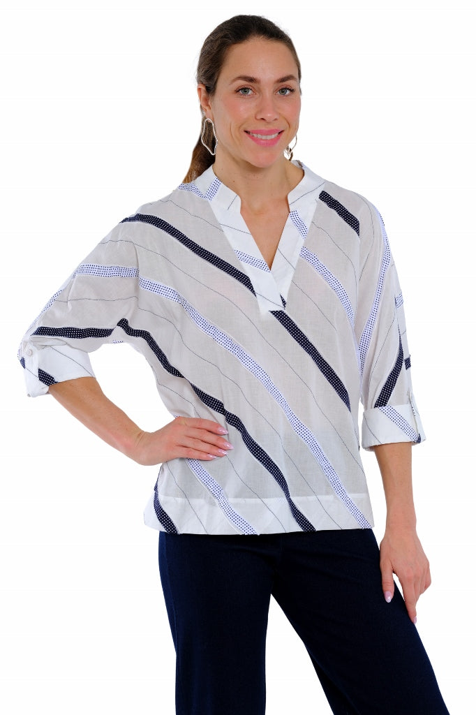 White and navy striped blouse for women with diagonal stripe pattern and split V-neck