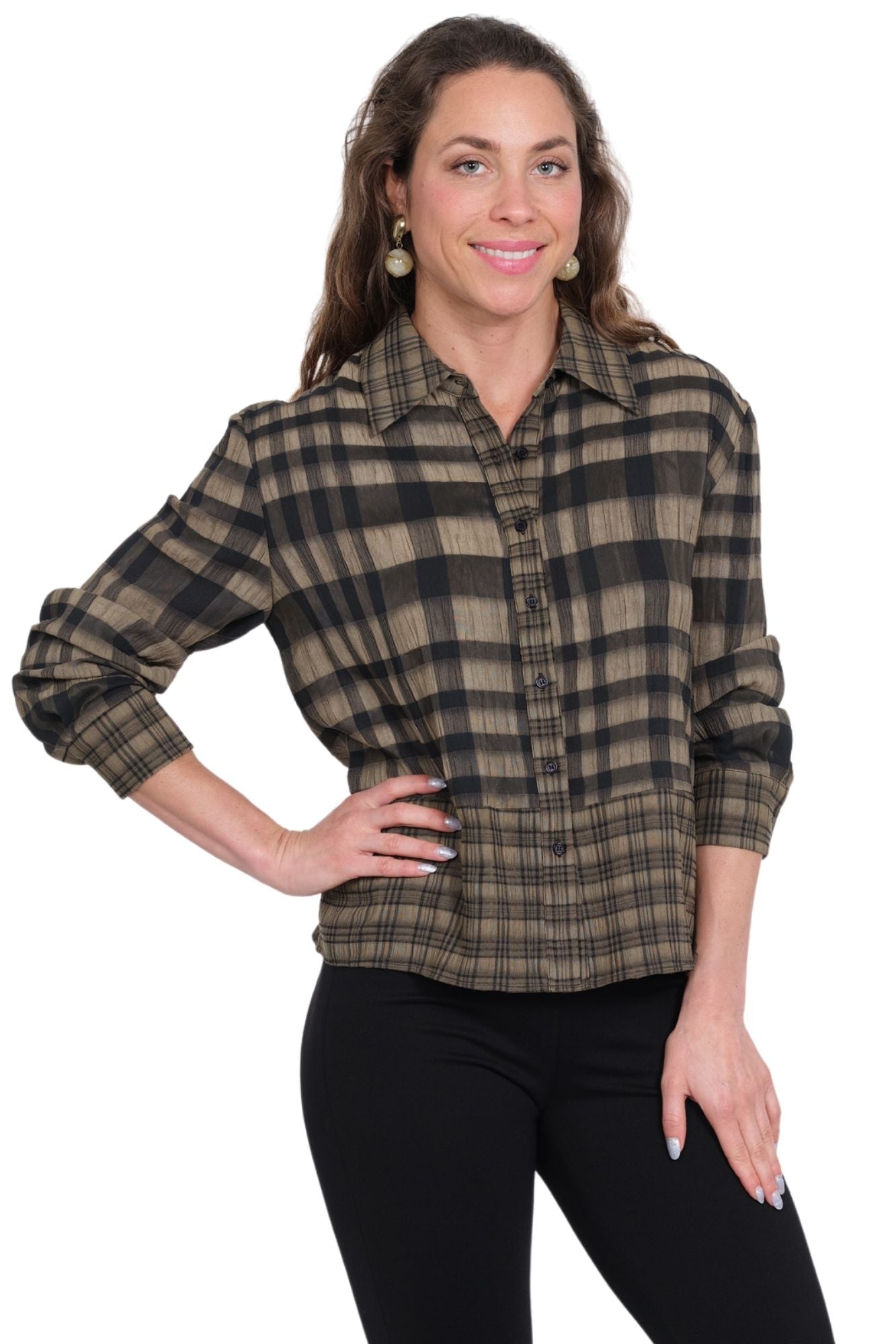 LIOR Women's Garcia Taupe and Black Plaid Shirt with Button Front and Long Sleeves