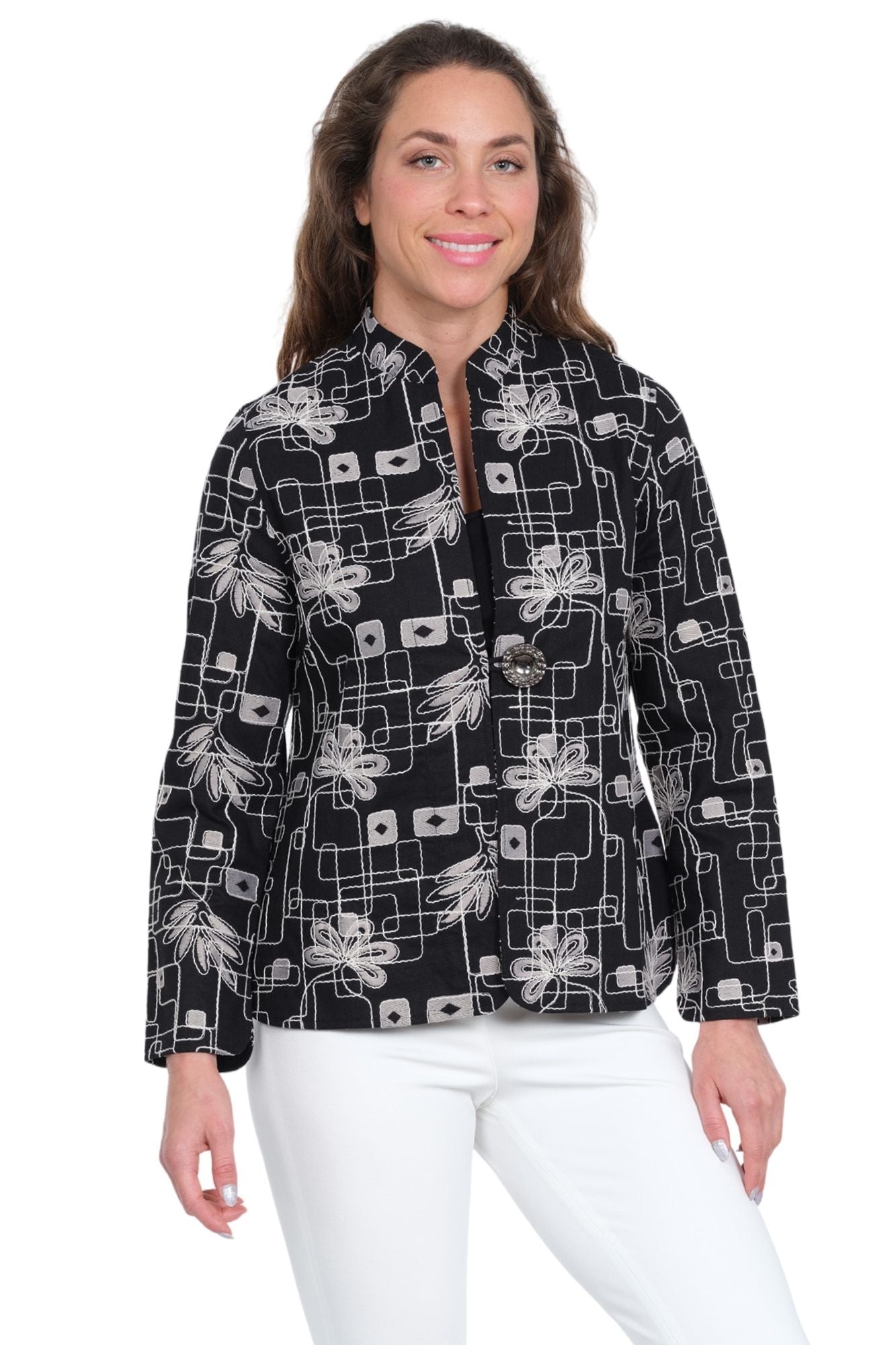 LIOR Women's Geneva Black Embroidered Jacket with Floral Pattern and 1-Button Front