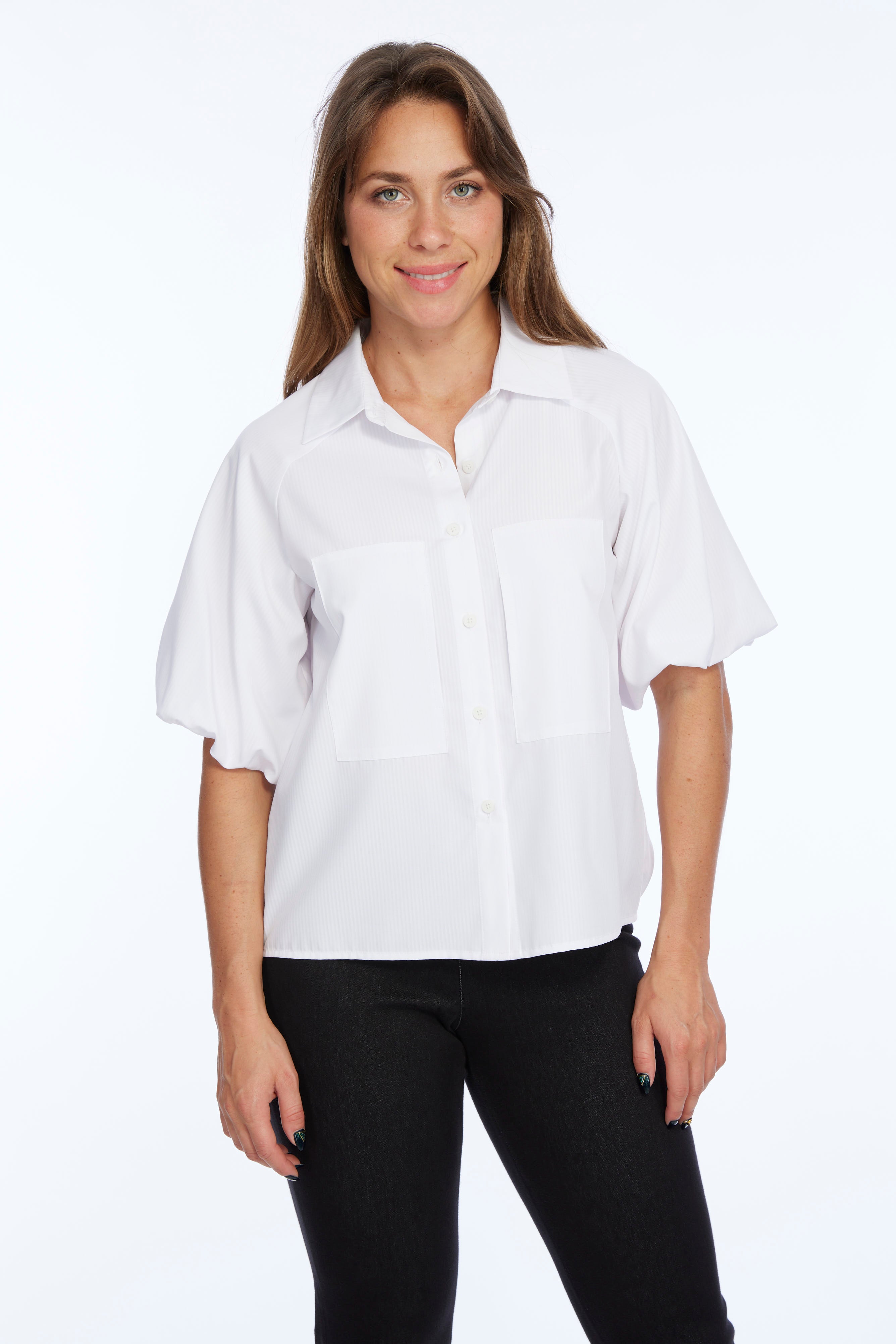 Short balloon sleeve button up top