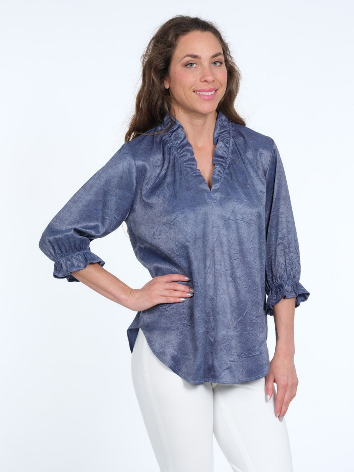 Women's Slate Blue 3/4 Ruffle Neck & V Neck Curve Hem Blouse - "Hailey"