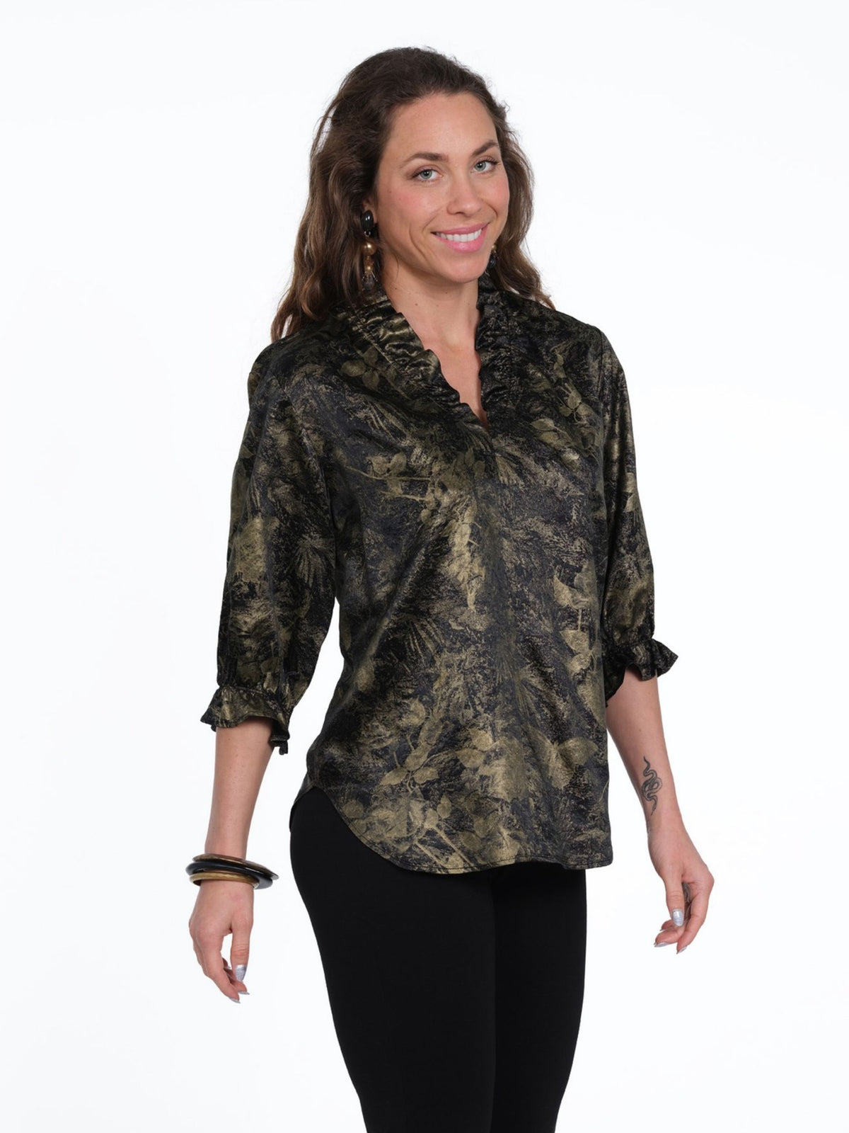 Women's Black & Gold Botanical Ruffle Neck & V Neck 3/4 Sleeve Curve Hem Blouse - "Hailey"