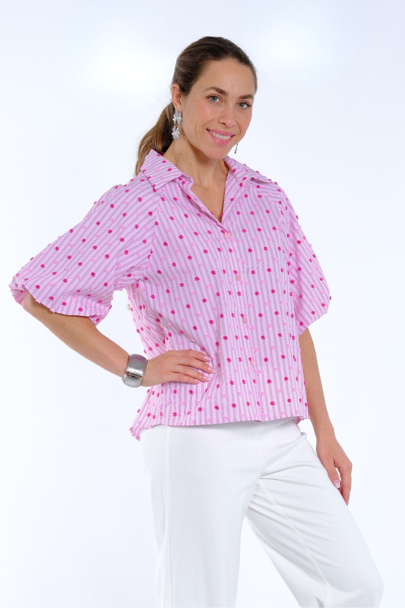 Lior Women's Pink Short Puff Sleeve Collar Striped Textured Shirt - "HALO"