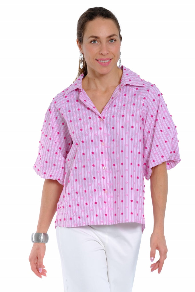 Pink striped textured shirt for women with pom pom dots and short sleeves