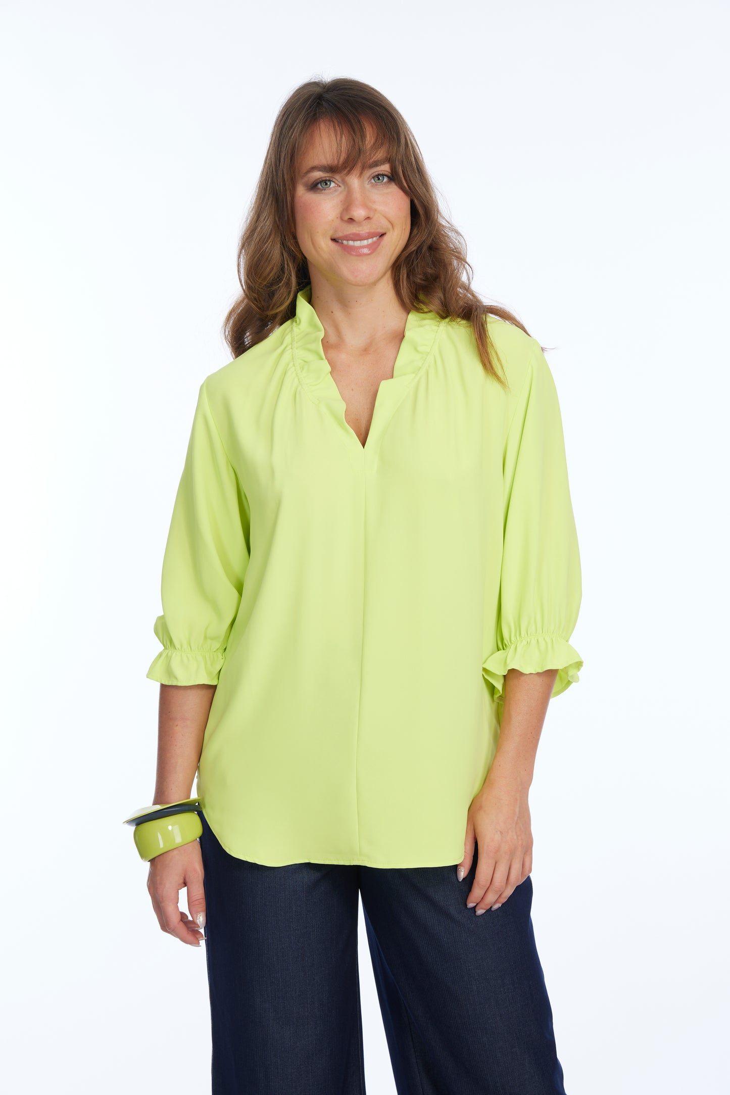 Solid Ruffle Neck Blouse In Bright Lime | Harper LIOR