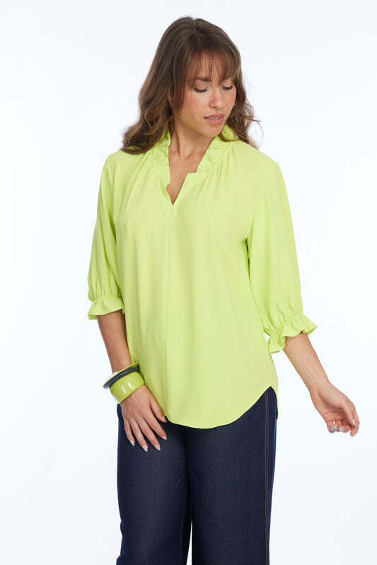 Solid Ruffle Neck Blouse In Bright Lime | Harper LIOR