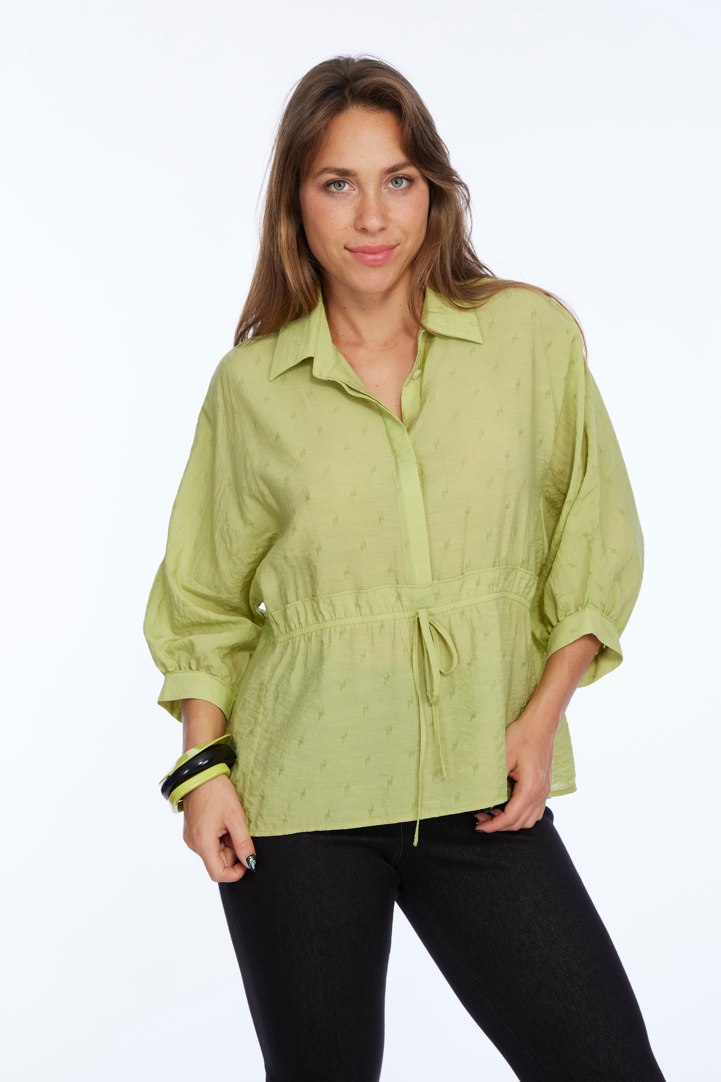 Women's Lime Pleated Drawstring Waist Blouse 3/4 Sleeves LIOR