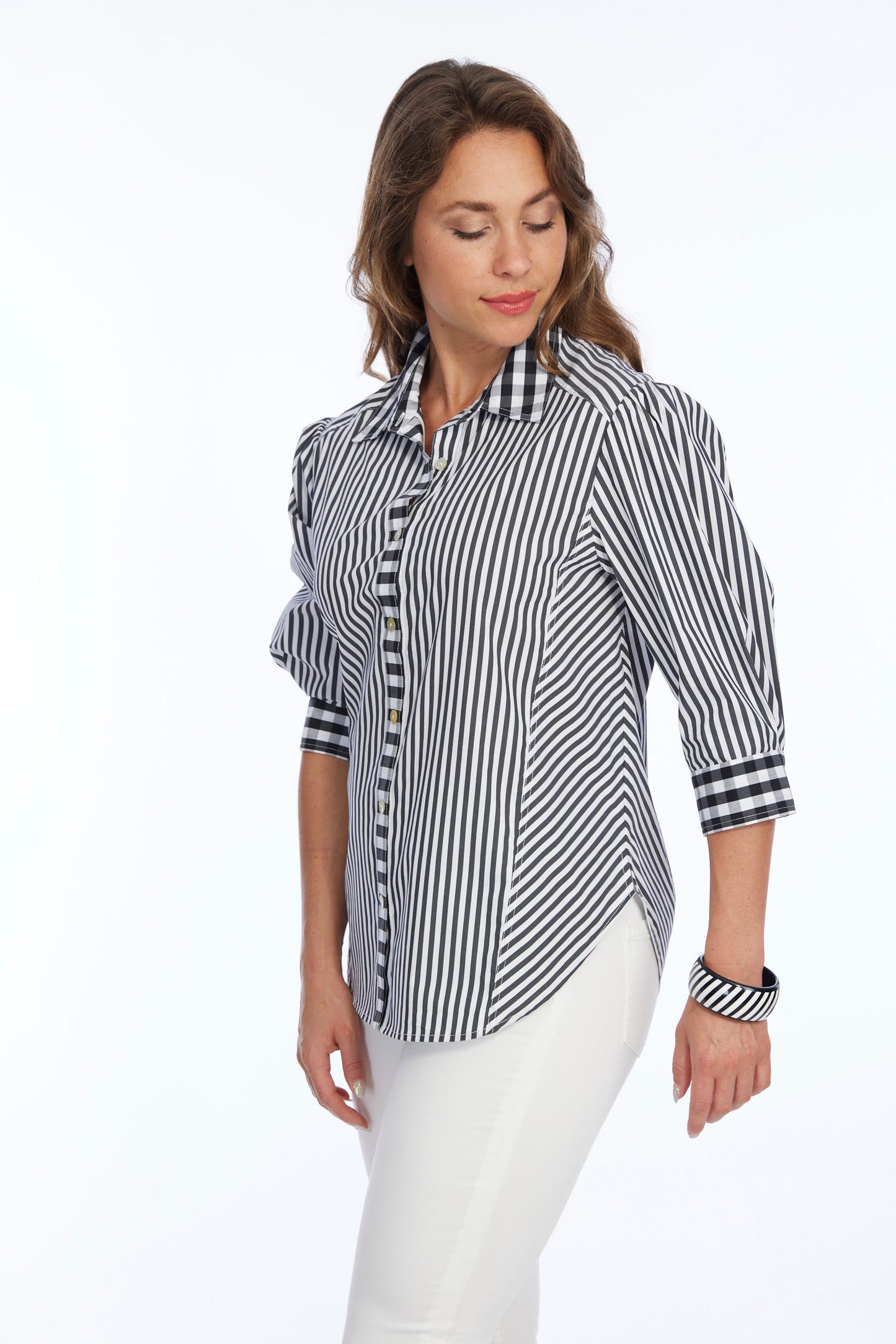 Women's Black & White Stripe Tencel Shirt HEIDI | LIOR