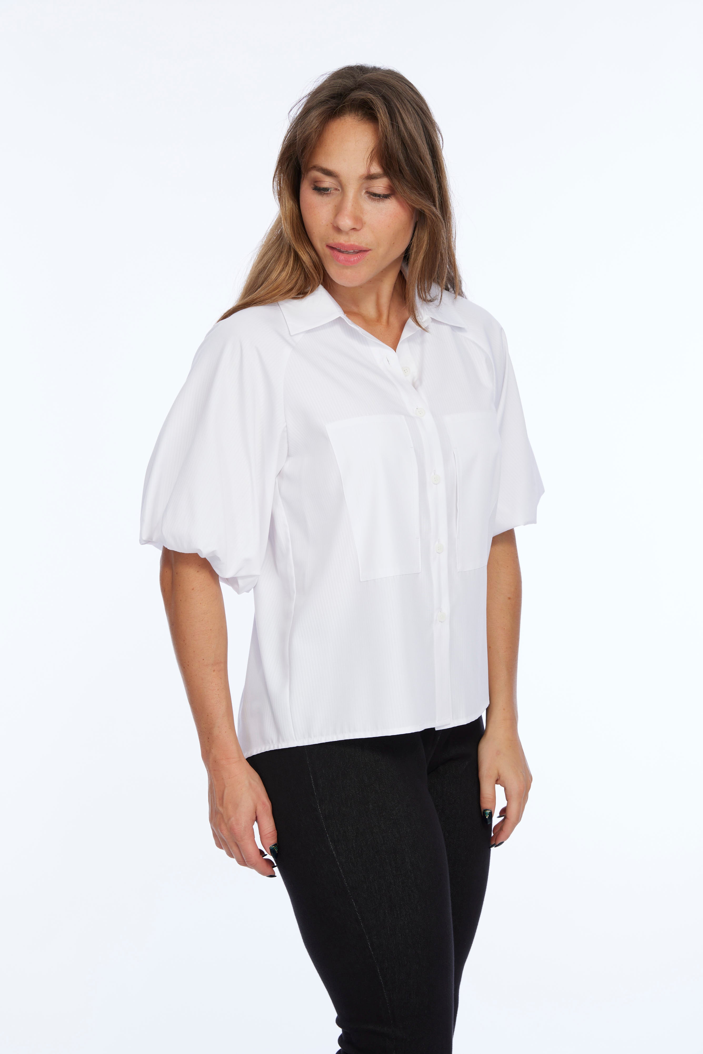 Button up top with short balloon sleeves