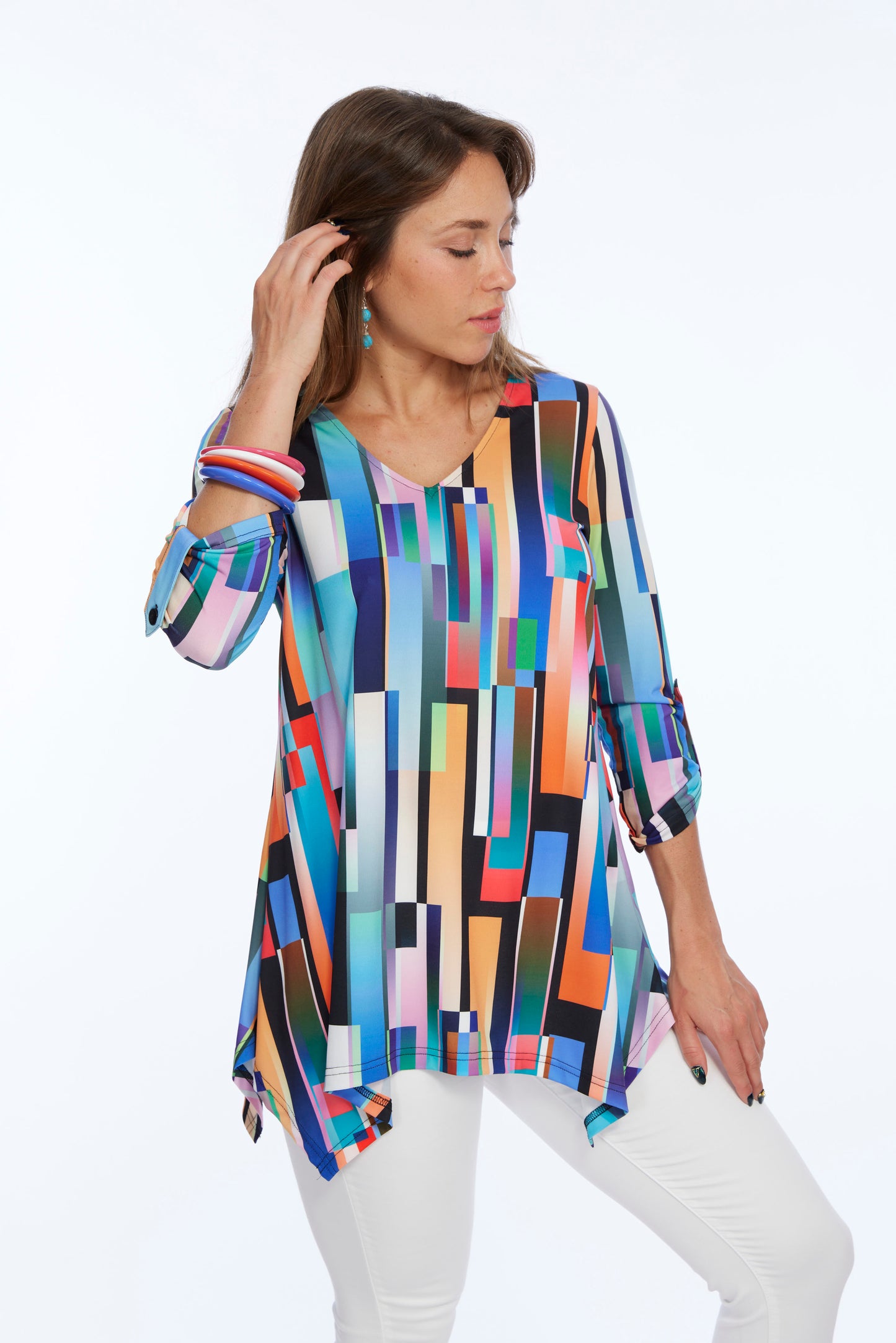 v neck tunic top with roll tab sleeves
