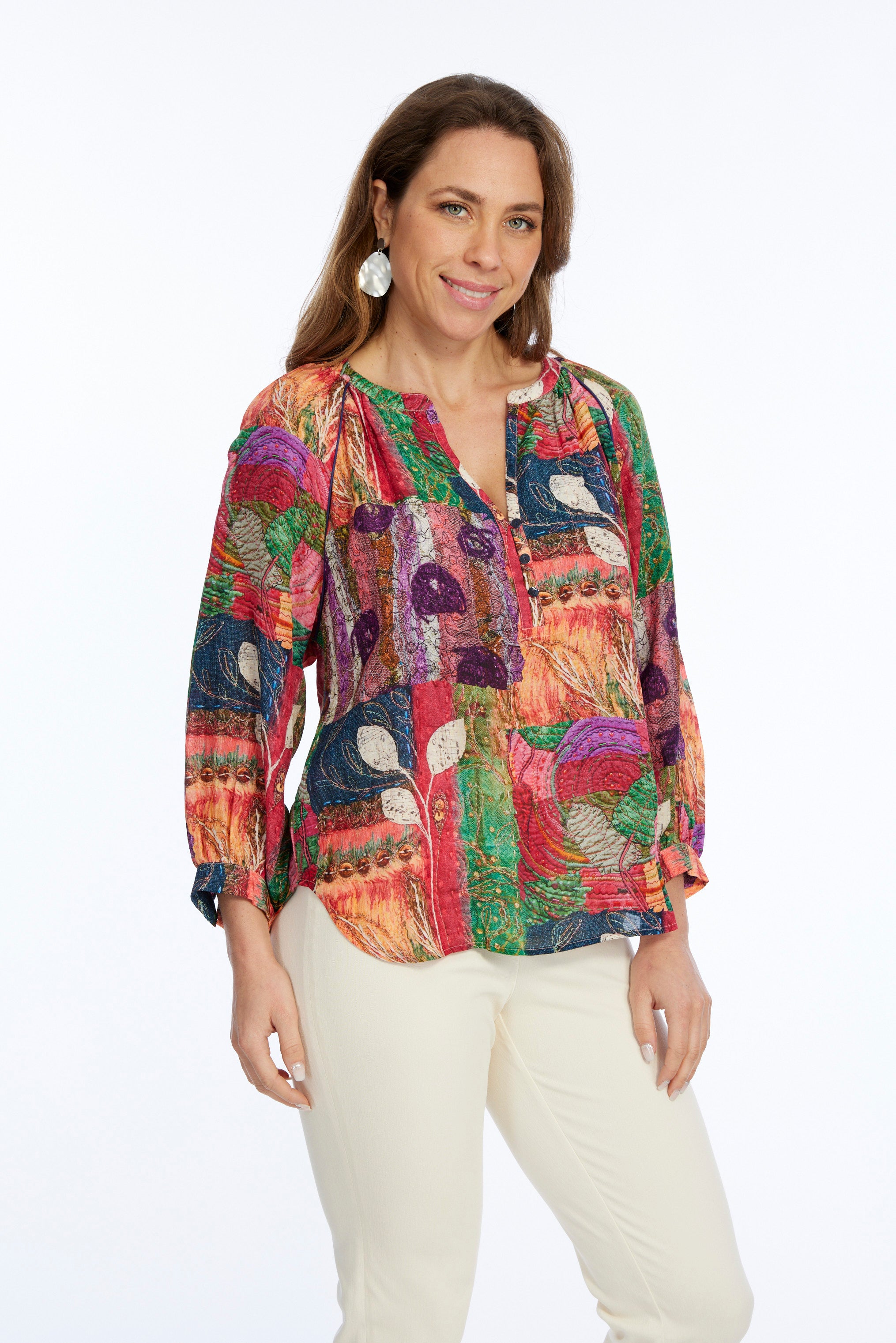 Indie Leaf Print Balloon Sleeve Blouse