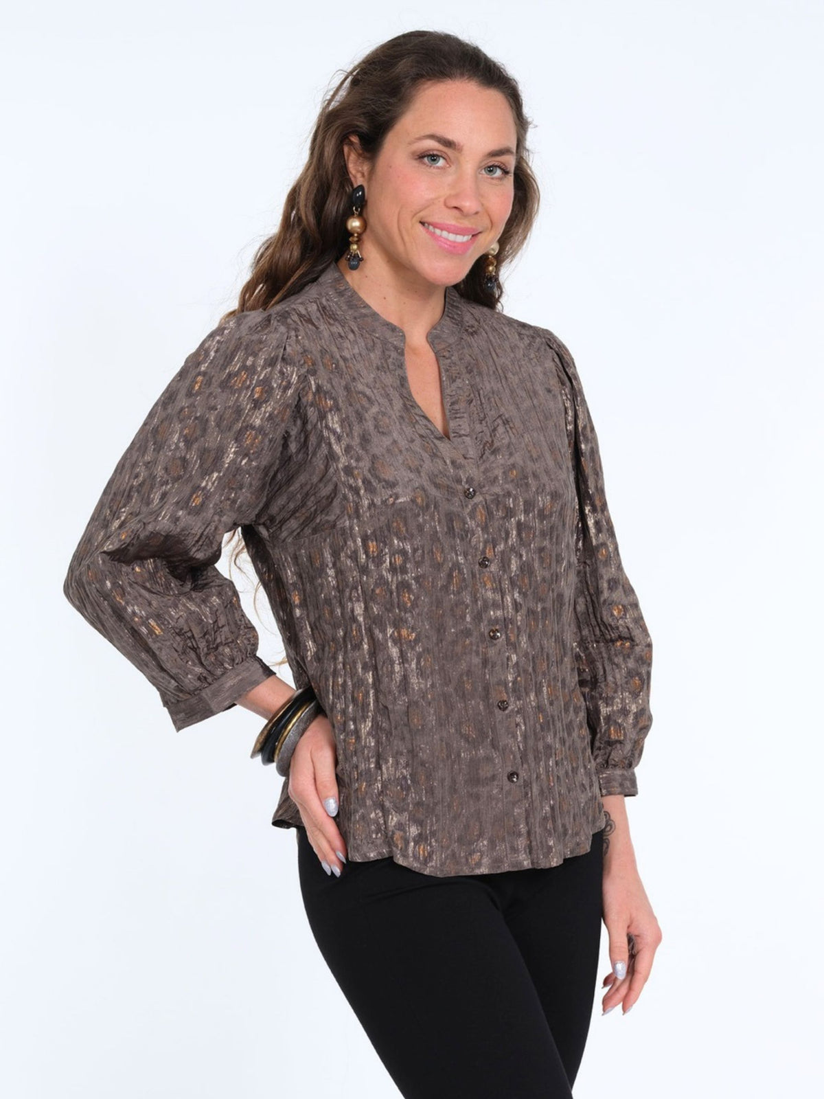 Women's Lightweight Foil Button Front Animal Shimmering Blouse - "Joni"