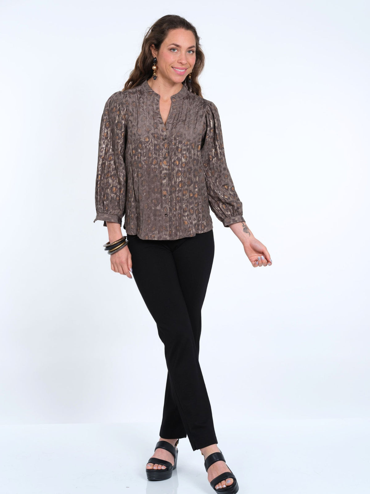 Women's Lightweight Foil Button Front Animal Shimmering Blouse - "Joni"