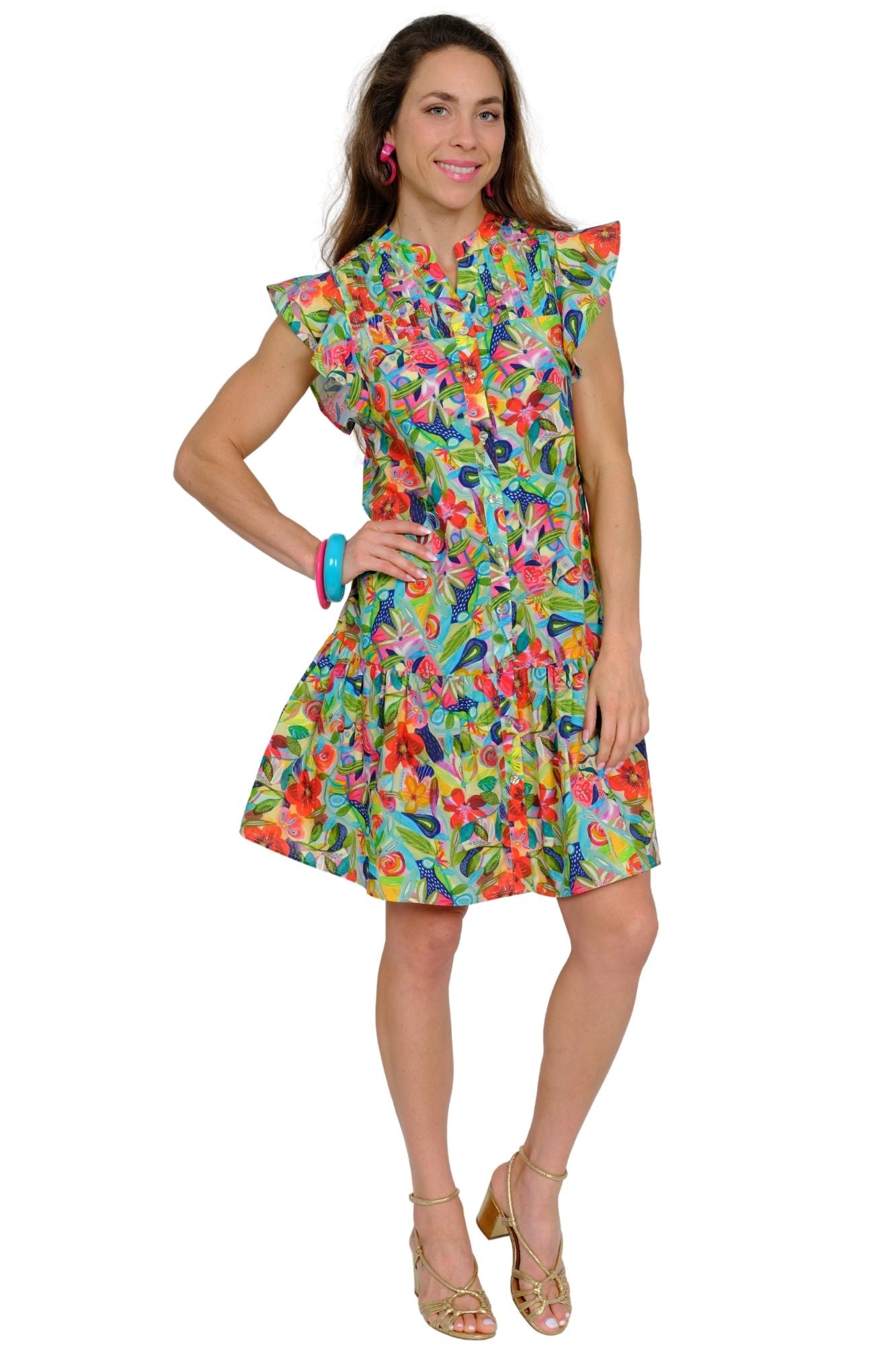 Colorful floral casual dress for women with tiered ruffle hem