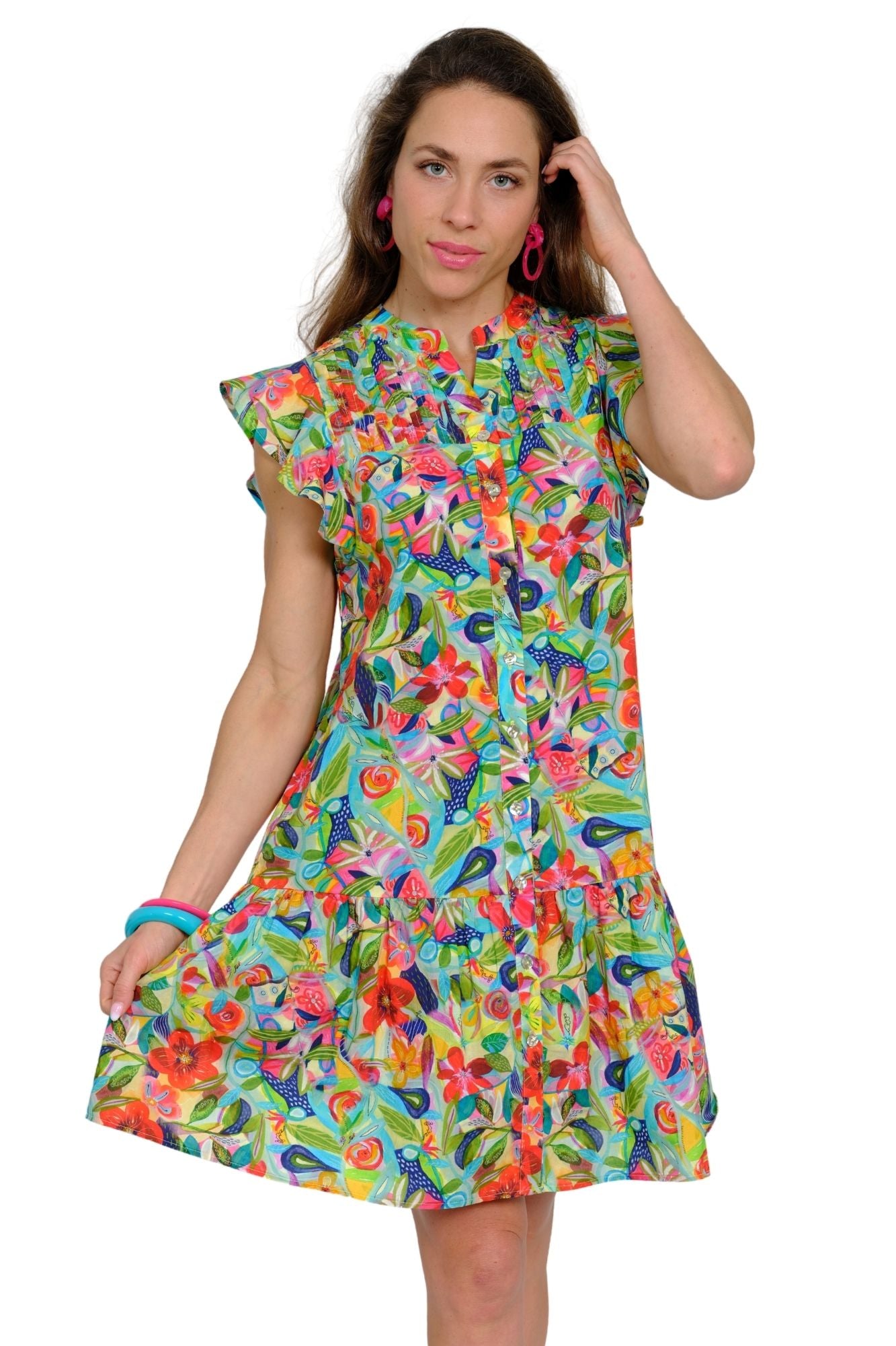 Floral ruffle sleeve summer dress for women in bright tropical colors