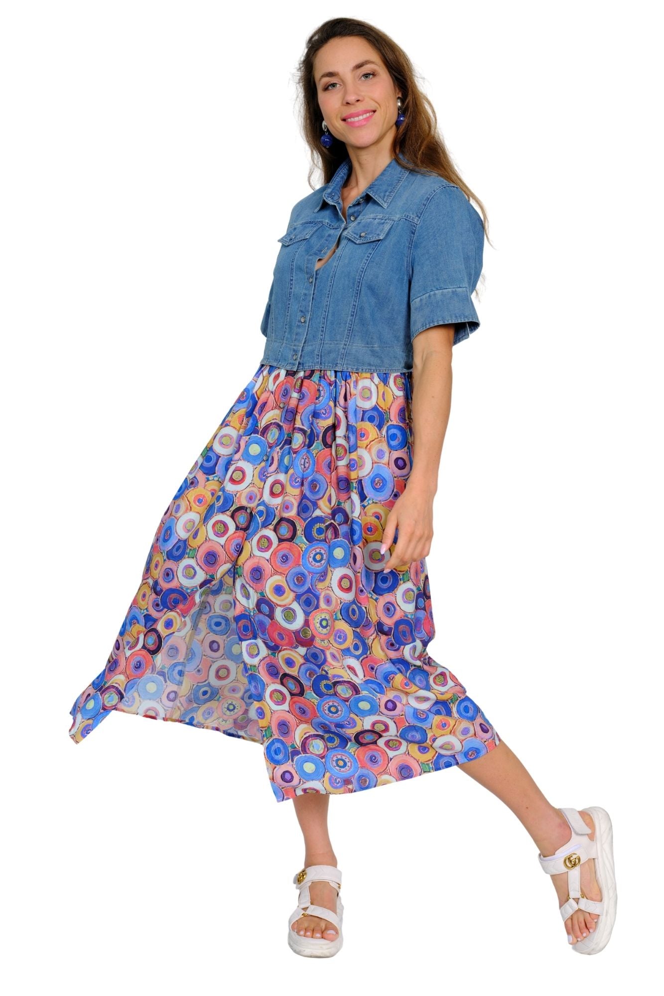 Casual denim bodice maxi dress for women with vibrant patterned chiffon skirt