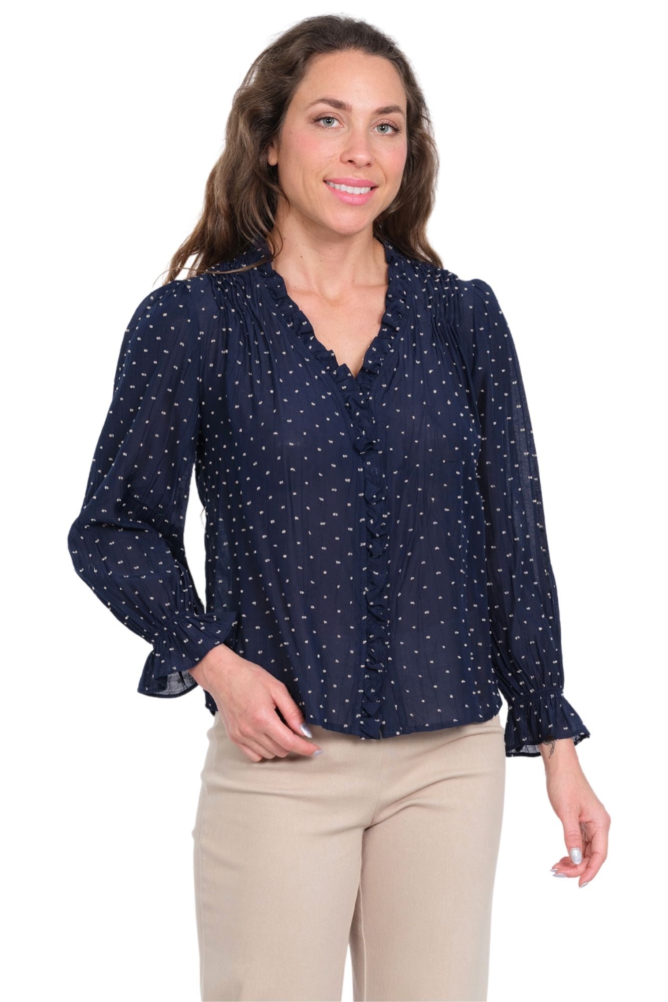 LIOR women's navy polka dot blouse with ruffle neck and long sleeves