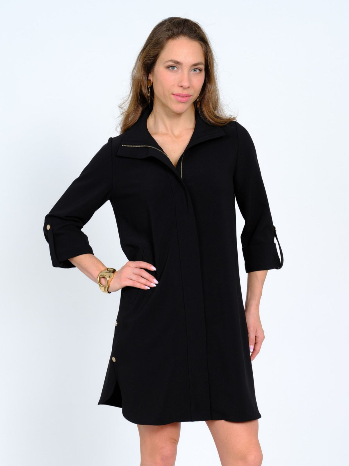Women's Collared Soft Knit Black Zip Front Knee Length Dress - "Milo"