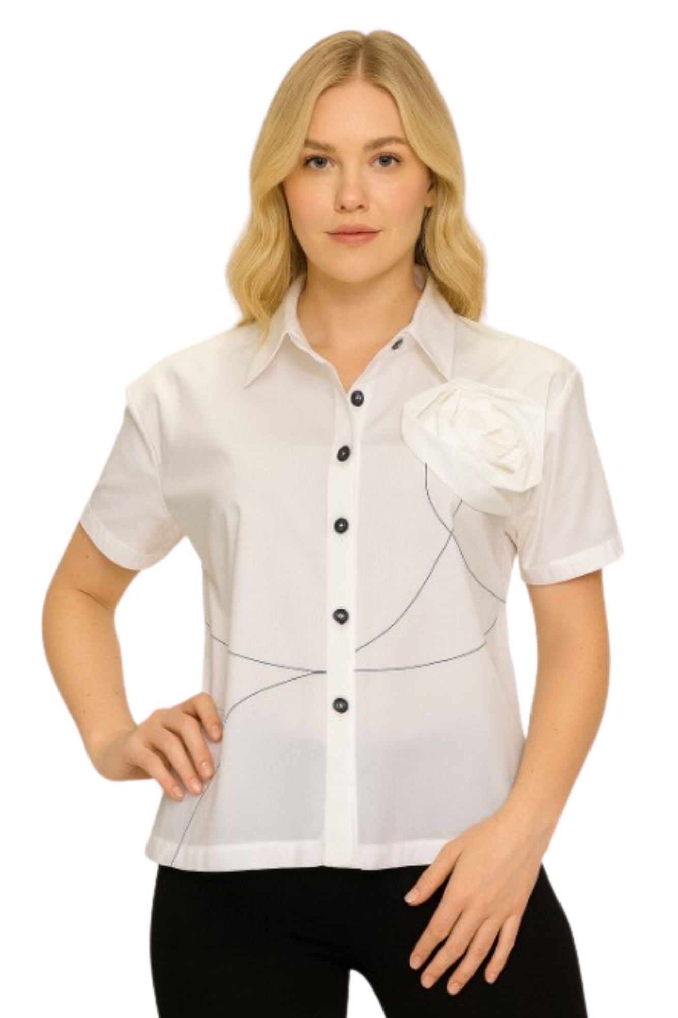 White short sleeve button down shirt for women with rosette applique and collared design