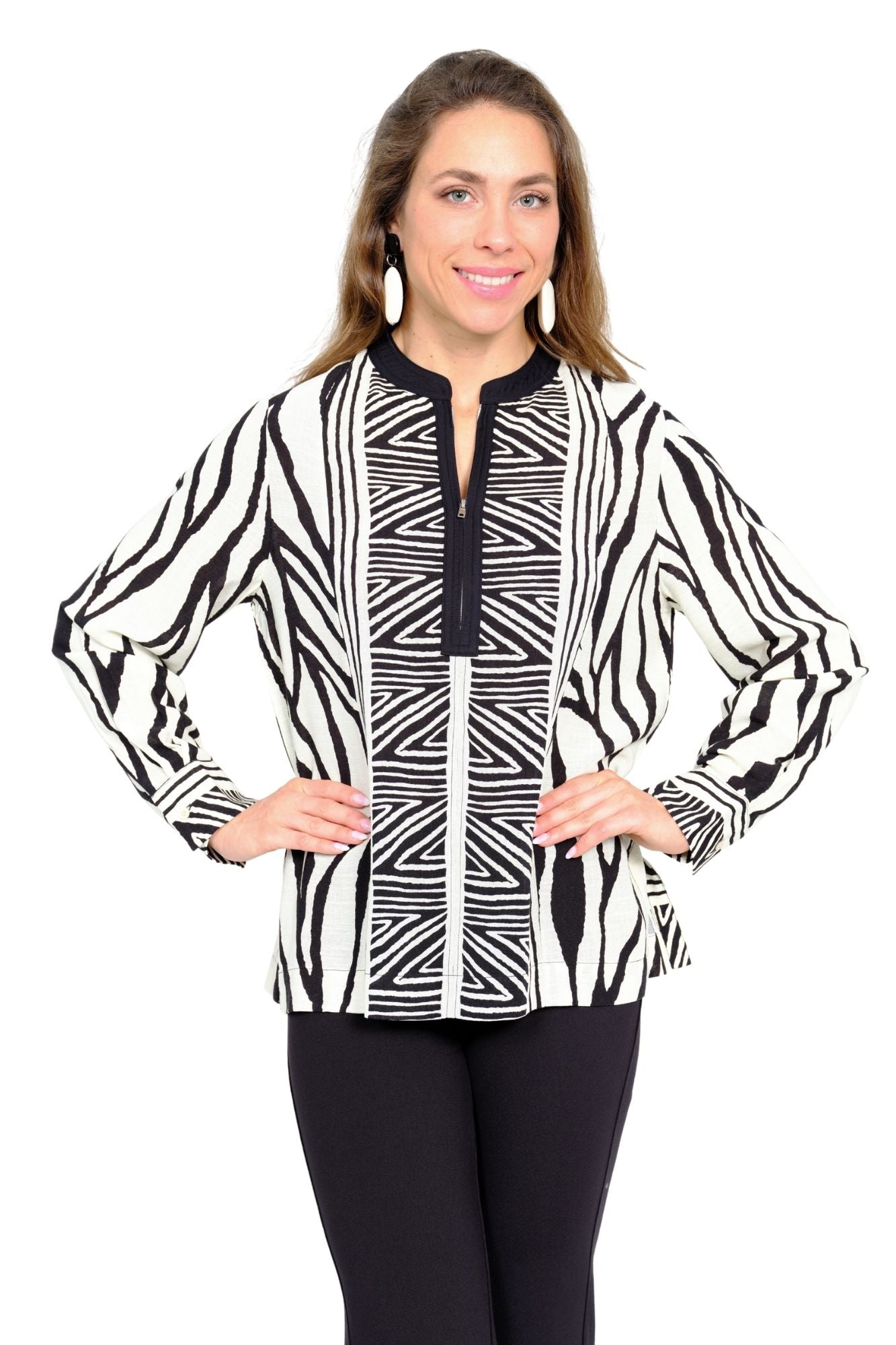 LIOR Maje black and white zebra print split-neck tunic top for women, long sleeve travel blouse