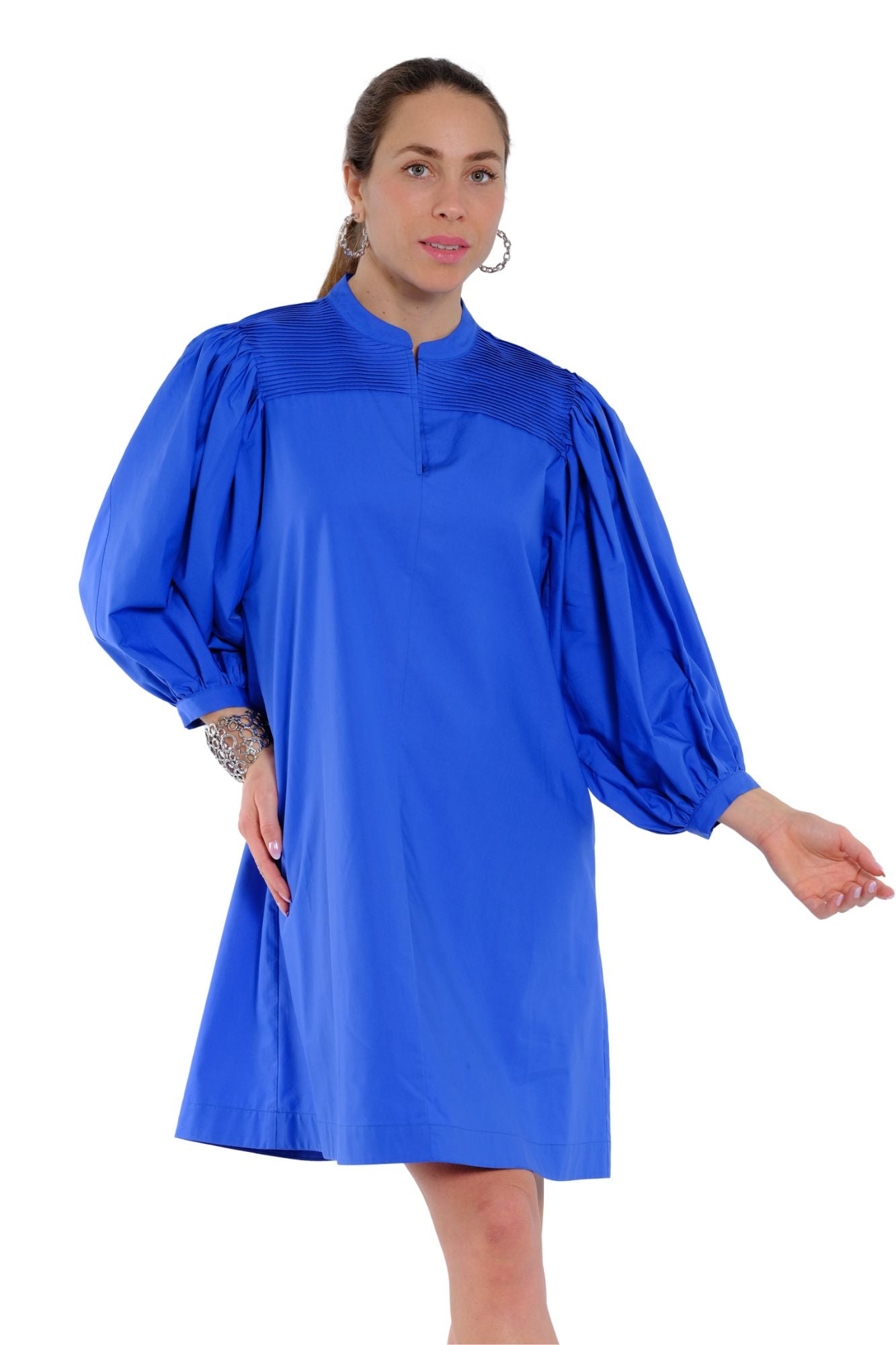 Women's knee length royal blue casual puff sleeve dress with relaxed fit