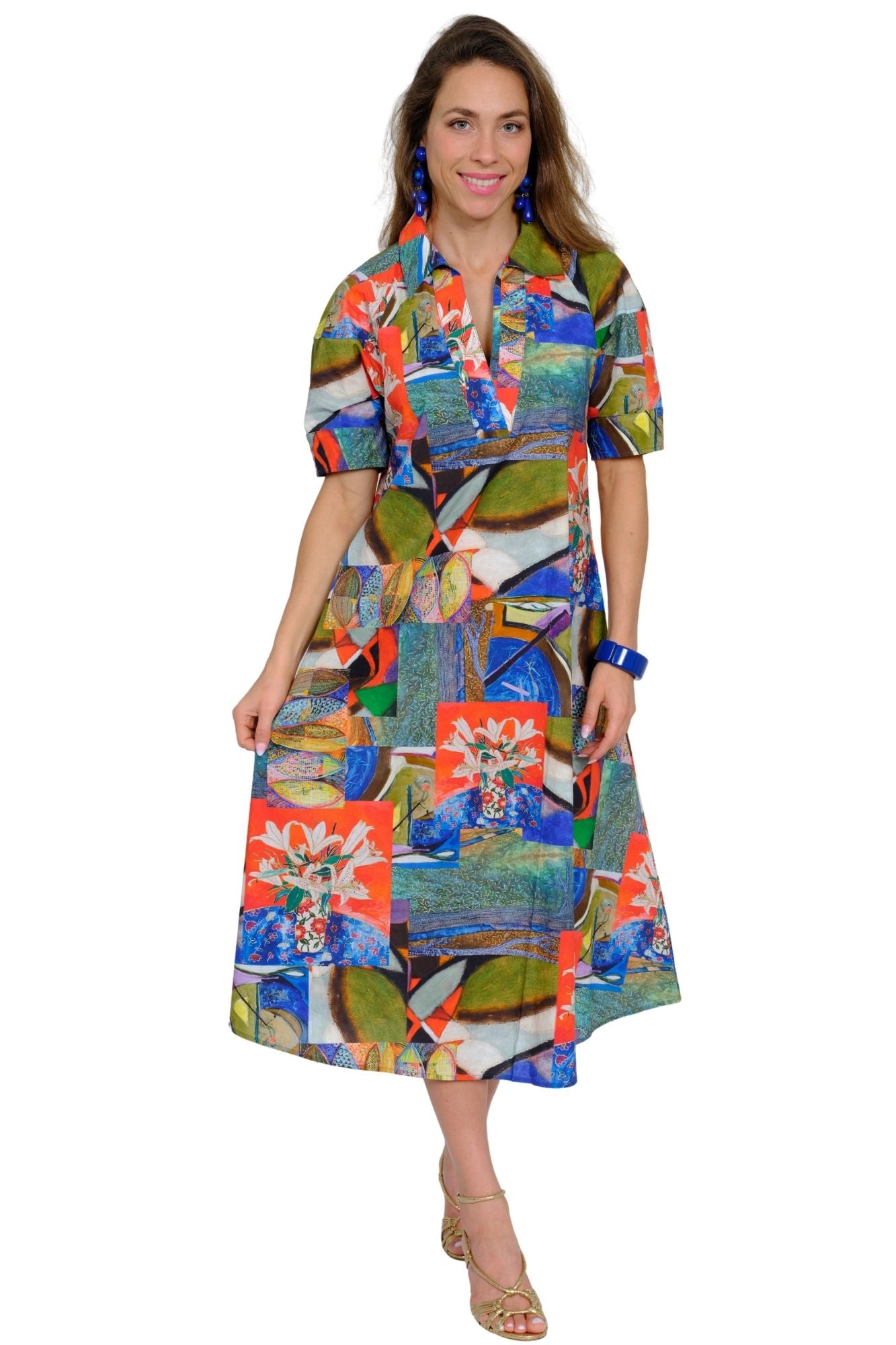 Women’s collared short sleeve floral collage maxi dress for summer