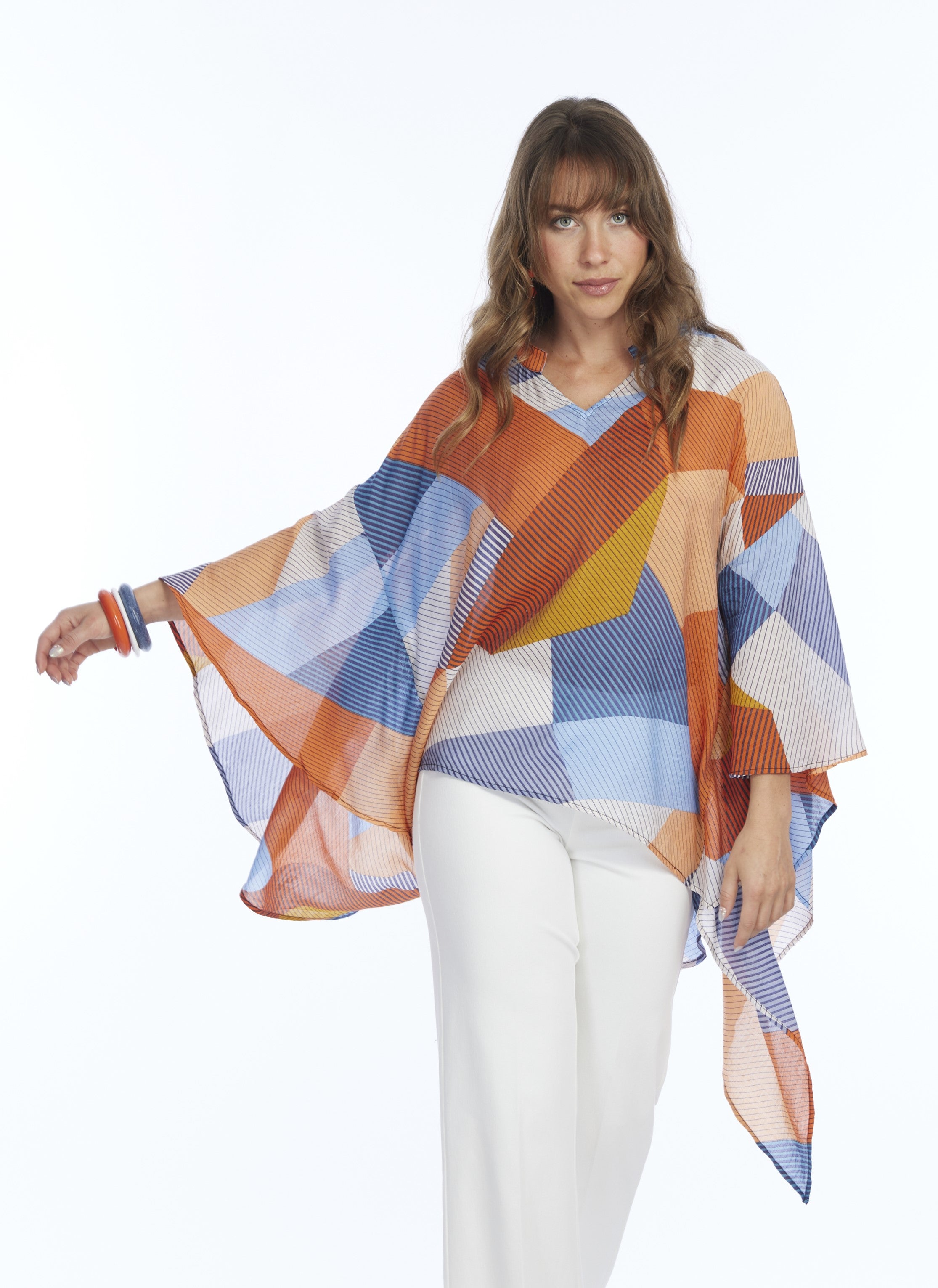 Women's 2 Size Sheer Flowy Multi Orange Blouse - "Maya"