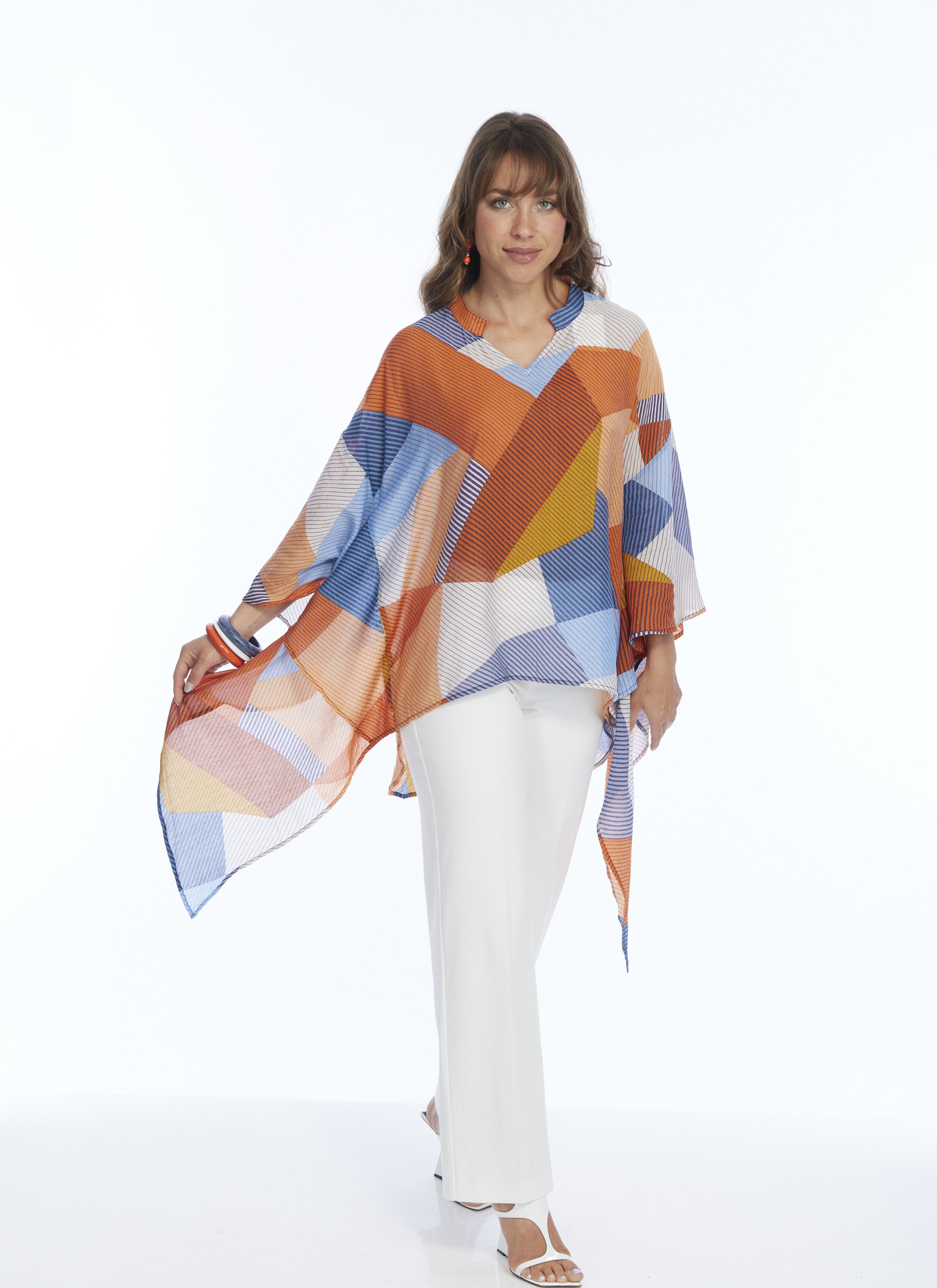 Women's 2 Size Sheer Flowy Multi Orange Blouse - "Maya"