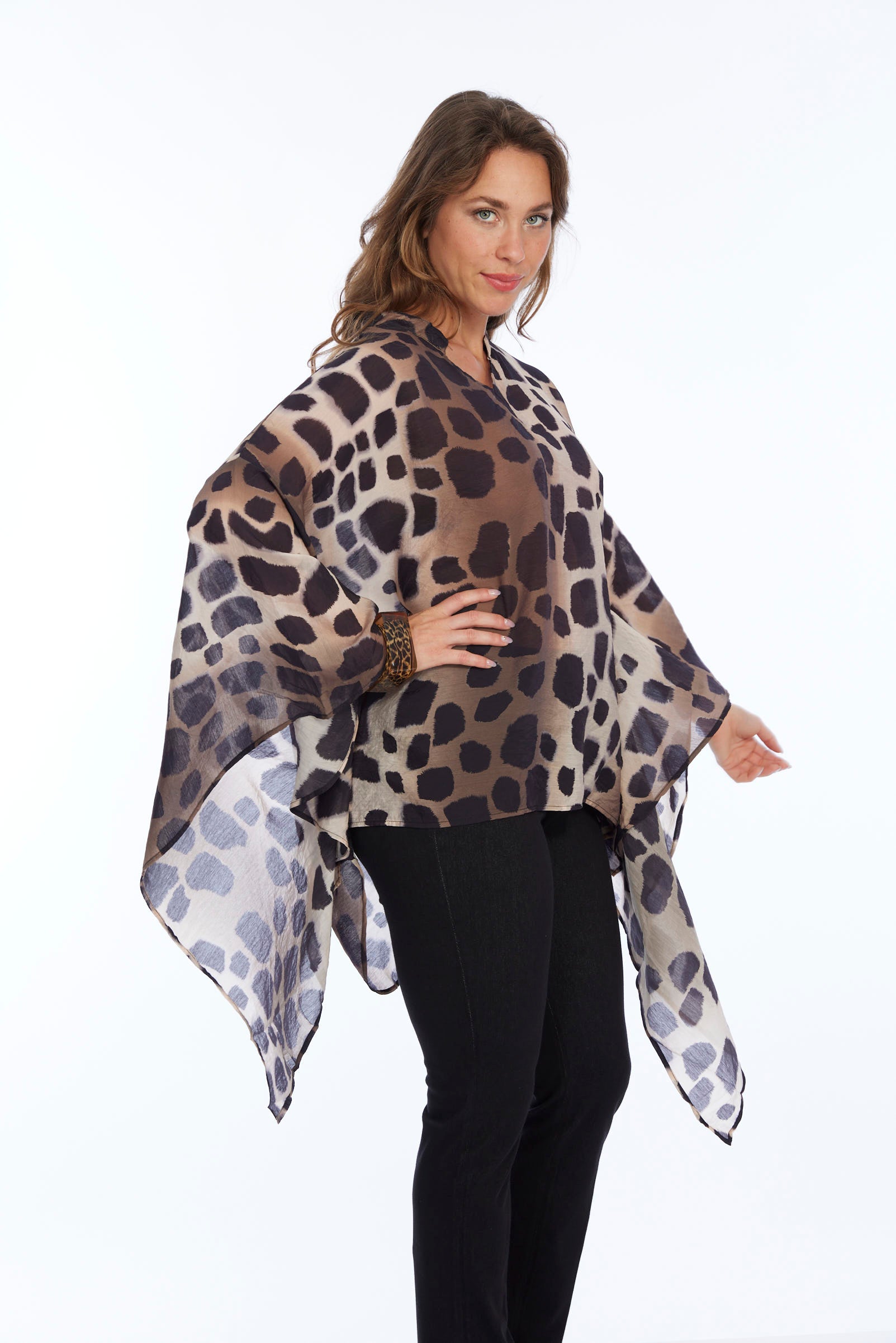 Women's 2 Size Sheer Blouse In Brown Animal Polka Dot Print - "Maya"