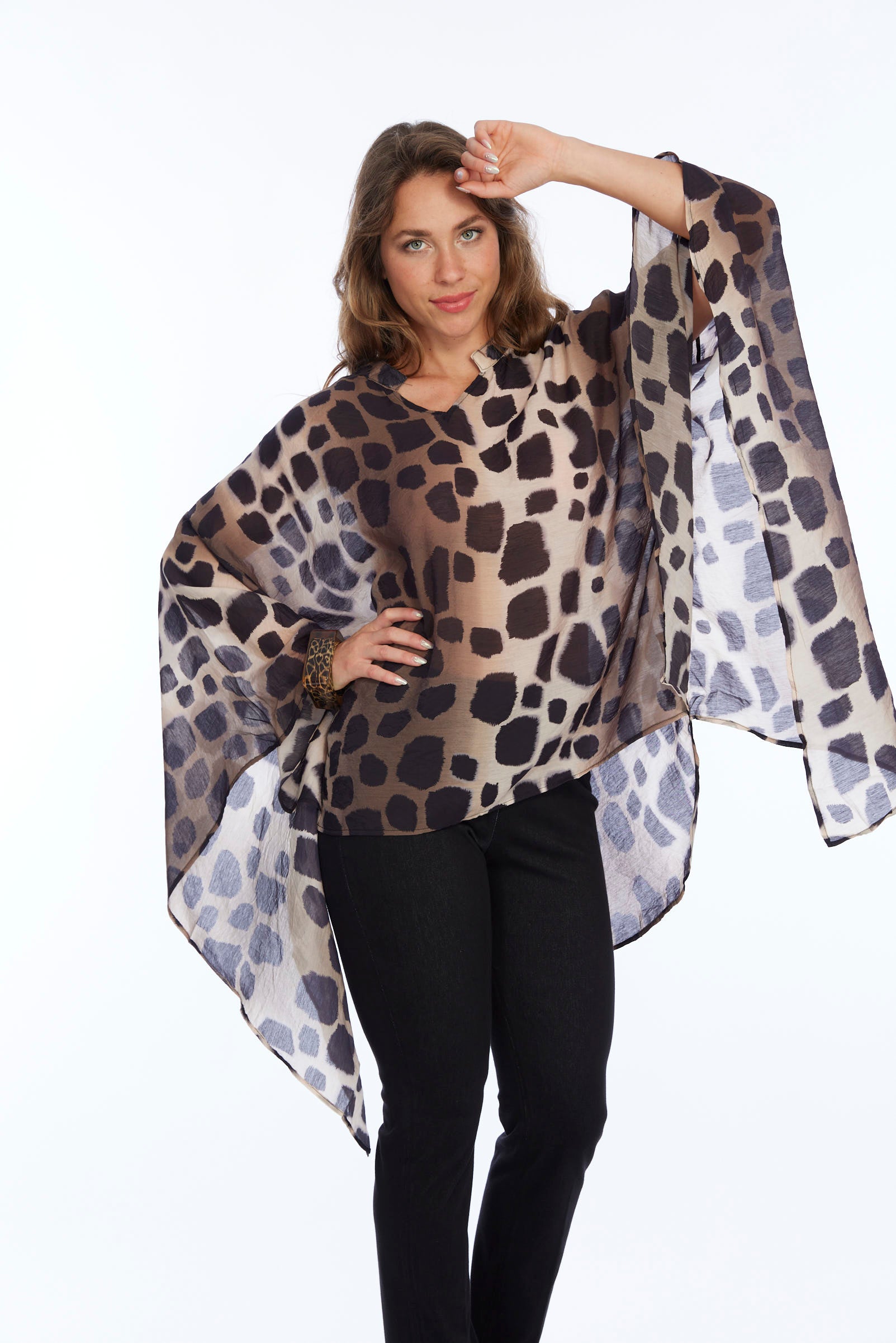 Women's 2 Size Sheer Blouse In Brown Animal Polka Dot Print - "Maya"