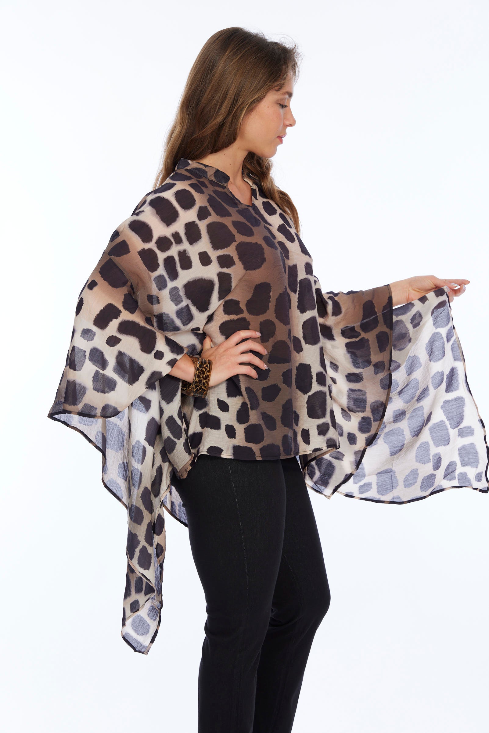 Women's 2 Size Sheer Blouse In Brown Animal Polka Dot Print - "Maya"