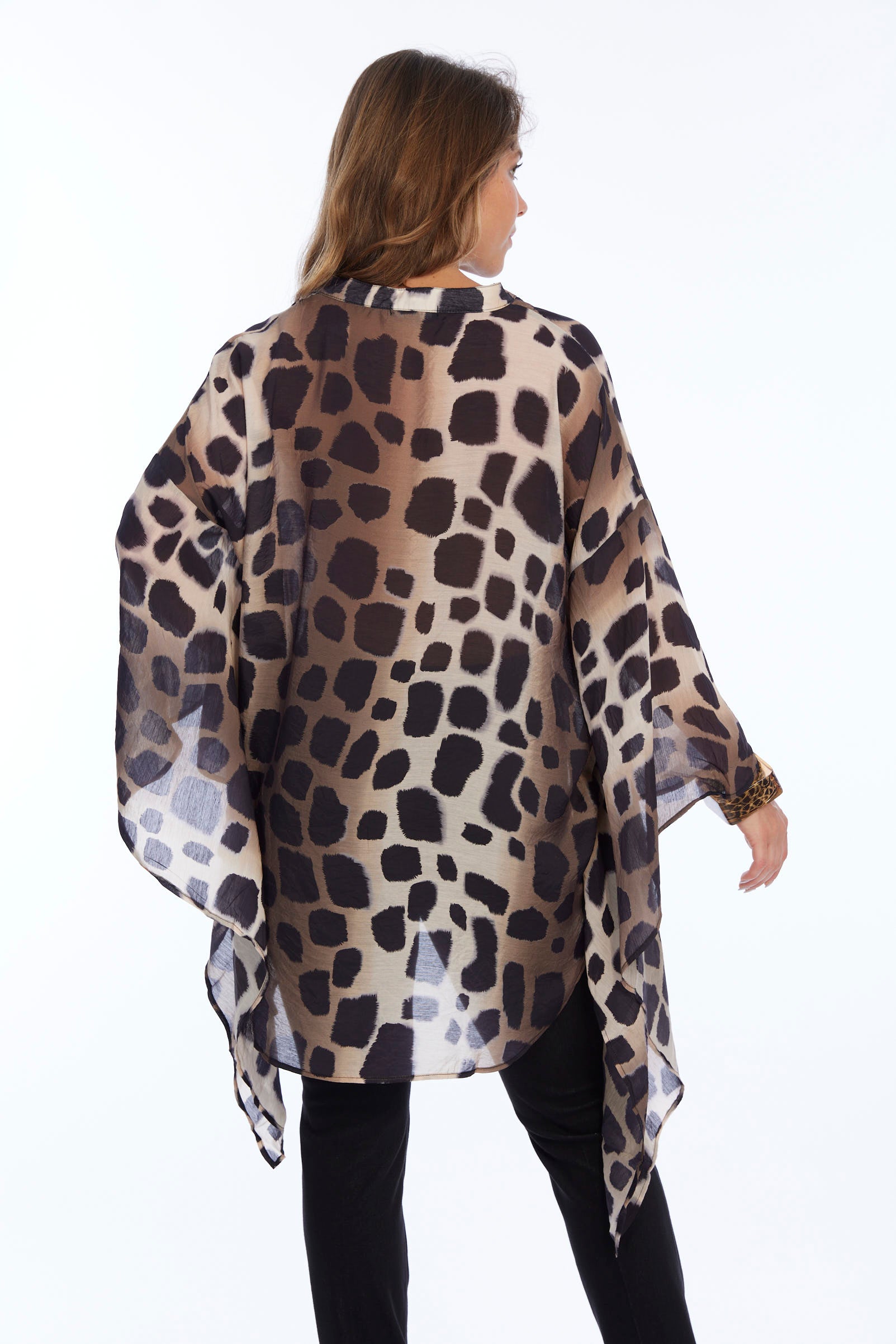 Women's 2 Size Sheer Blouse In Brown Animal Polka Dot Print - "Maya"